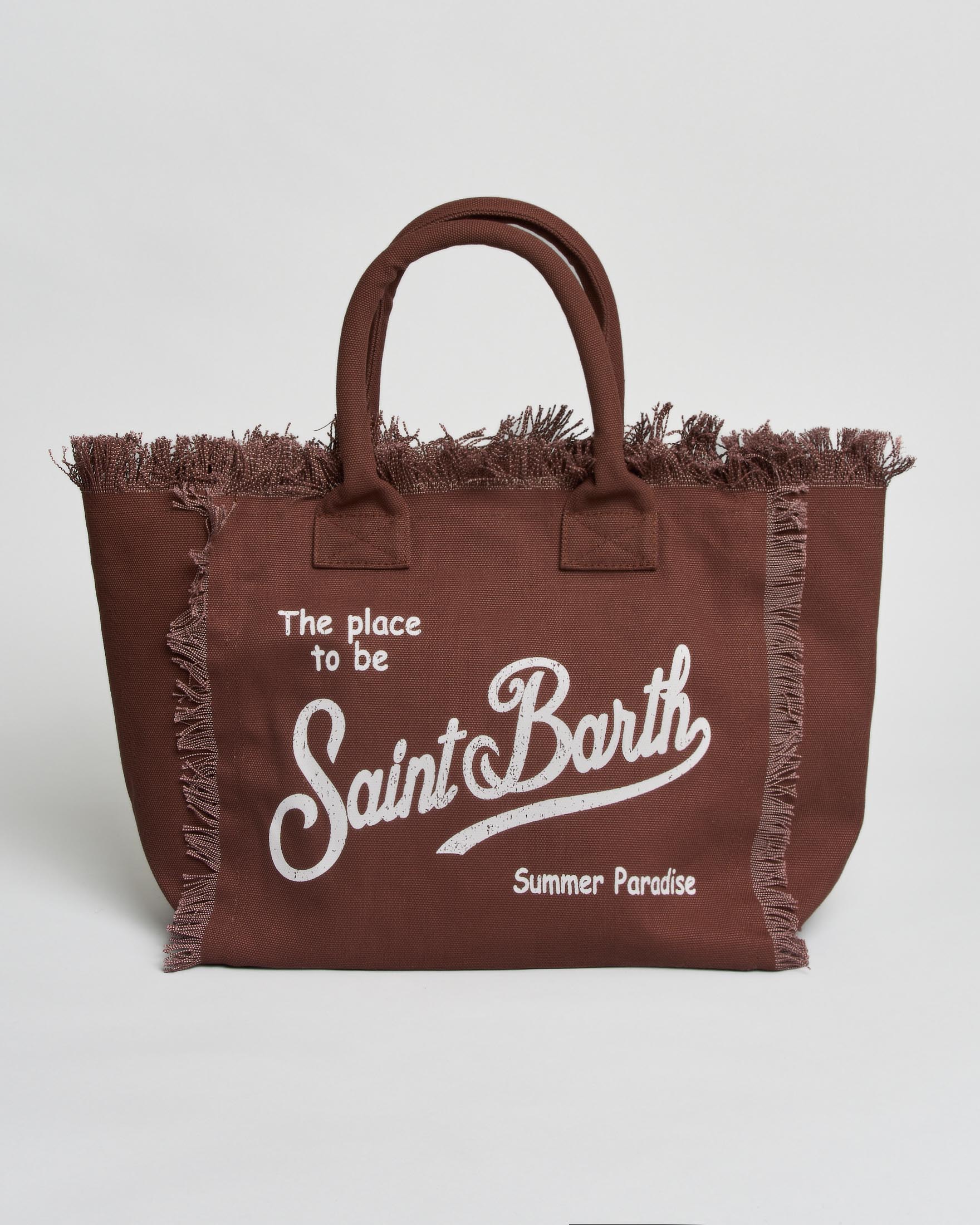 Borsa Vanity MC2 Saint Barth marrone in tela di cotone con frange e lettering logo a contrasto