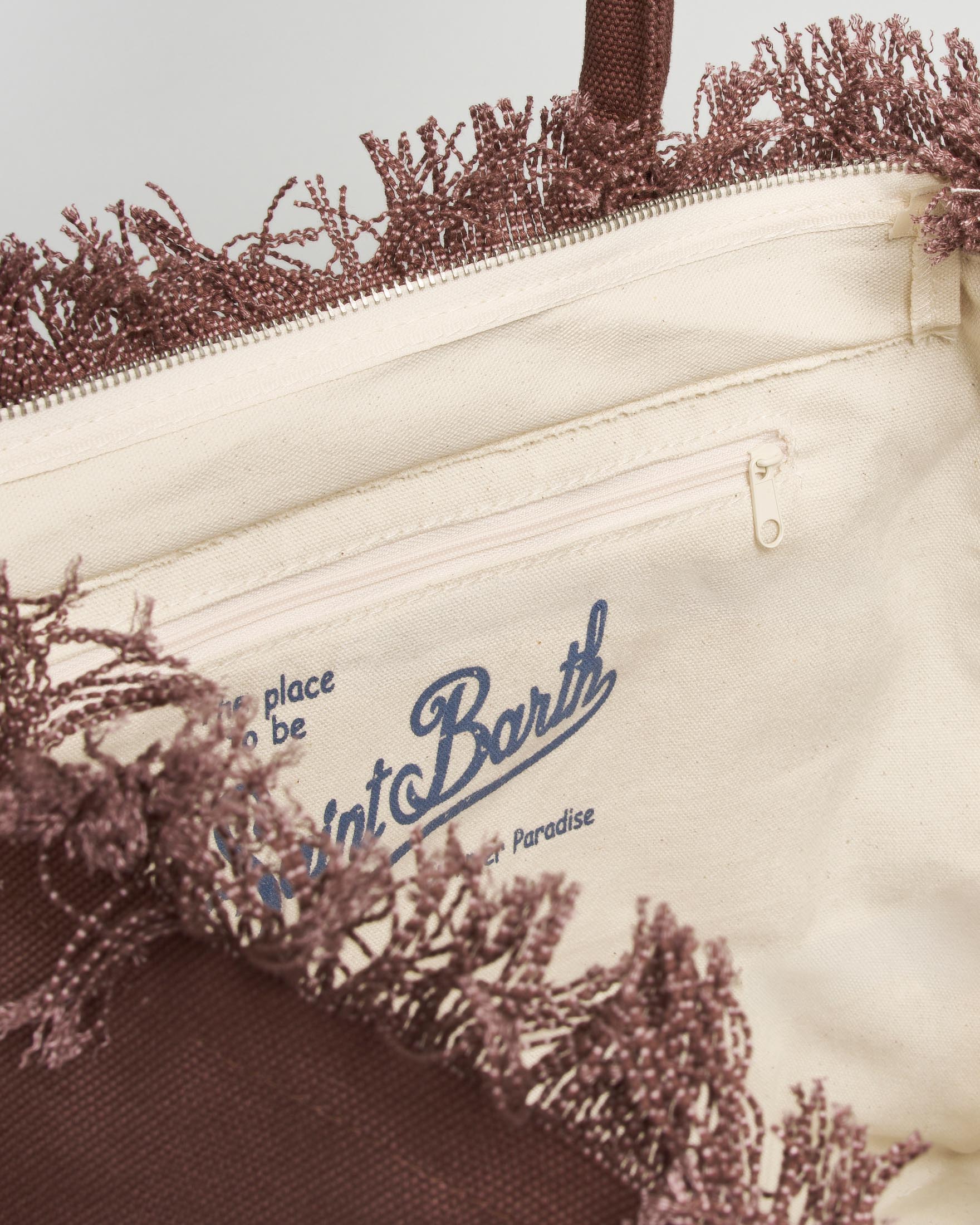 Borsa Vanity MC2 Saint Barth marrone in tela di cotone con frange e lettering logo a contrasto image