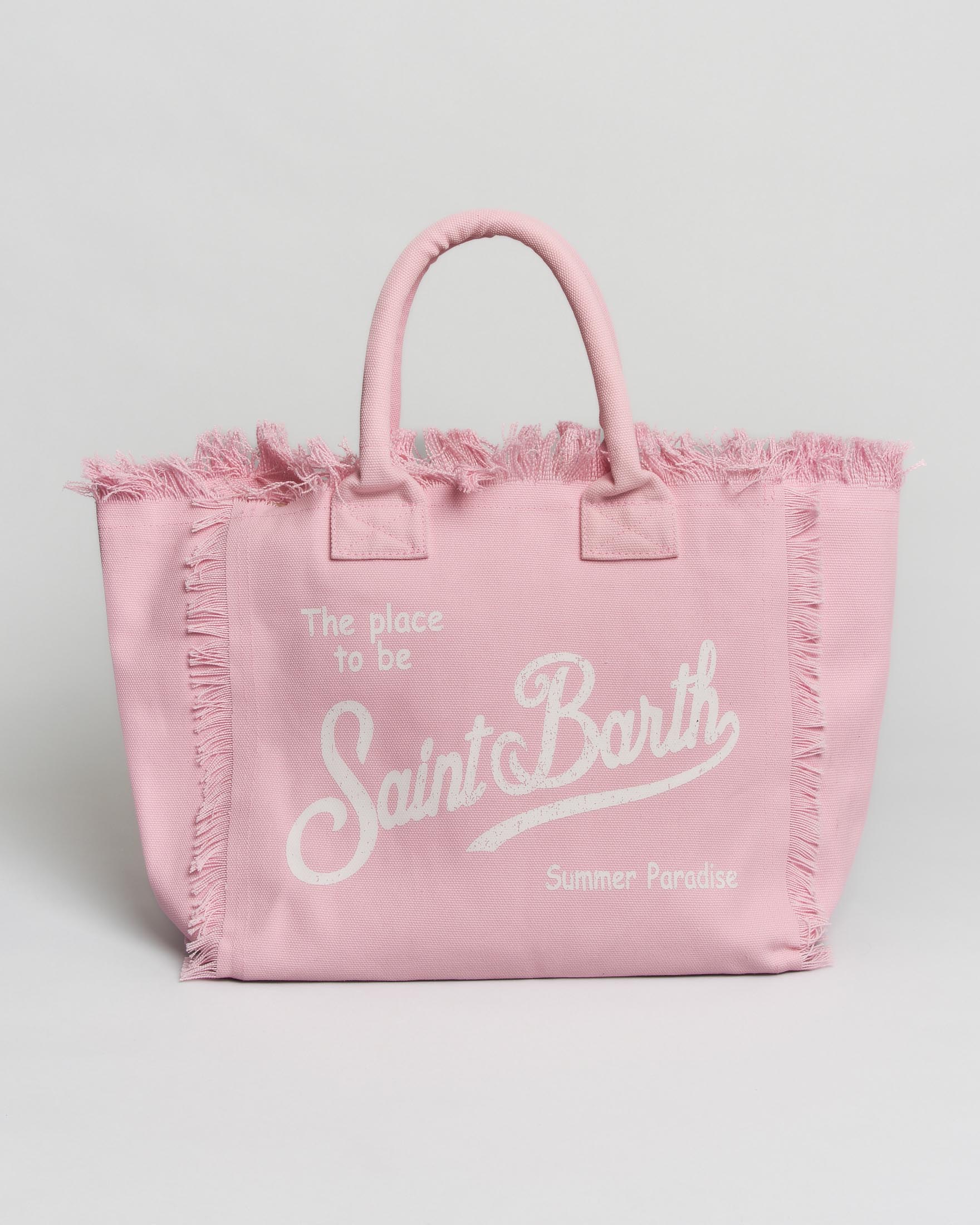 Borsa Vanity MC2 Saint Barth rosa antico in tela di cotone con frange e lettering logo a contrasto