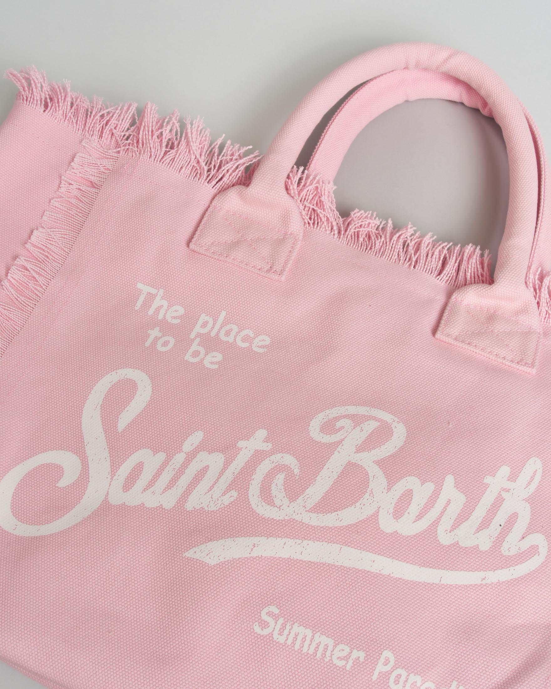 Borsa Vanity MC2 Saint Barth rosa antico in tela di cotone con frange e lettering logo a contrasto image