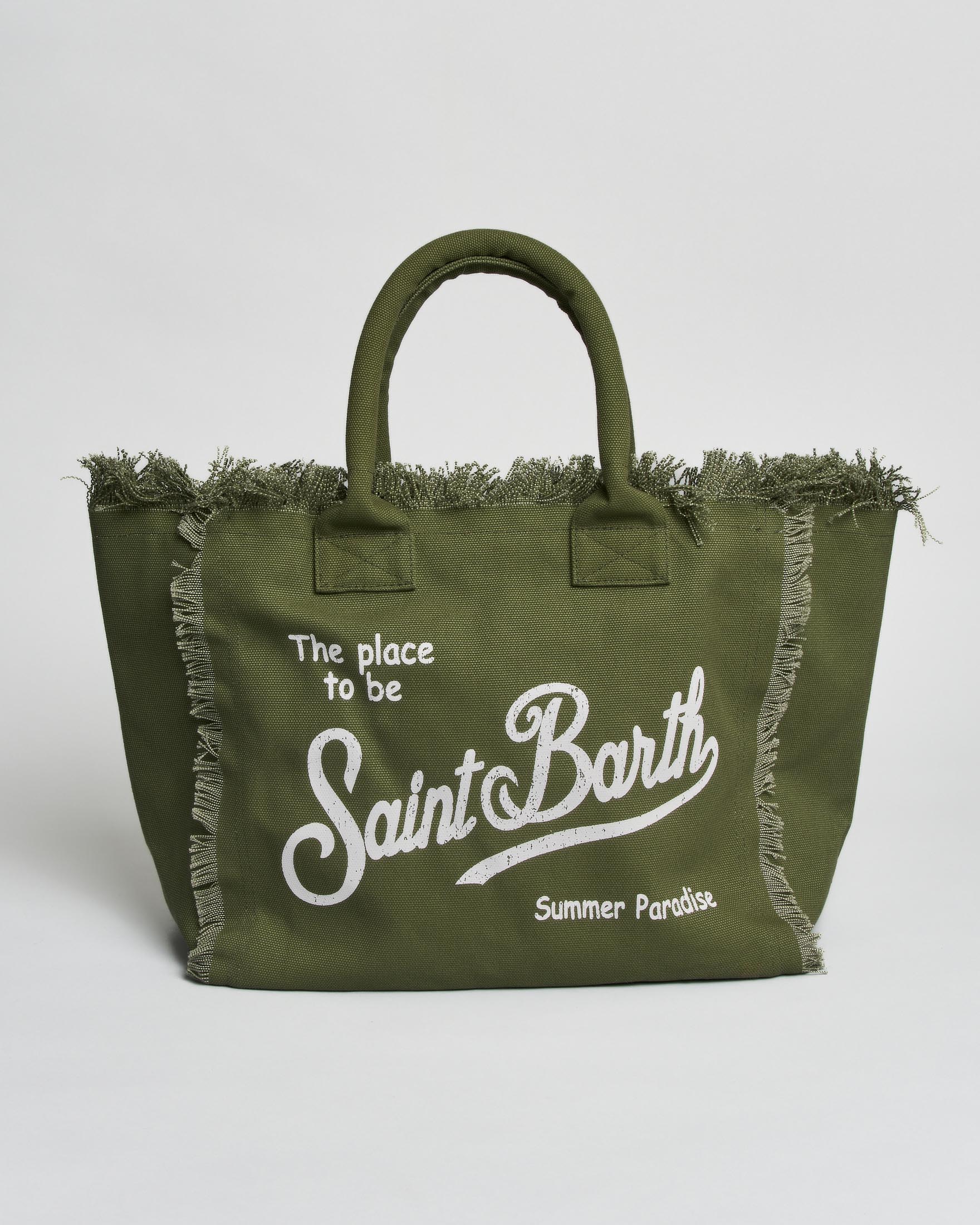 Borsa Vanity militare in tela di cotone con frange e lettering logo a contrasto