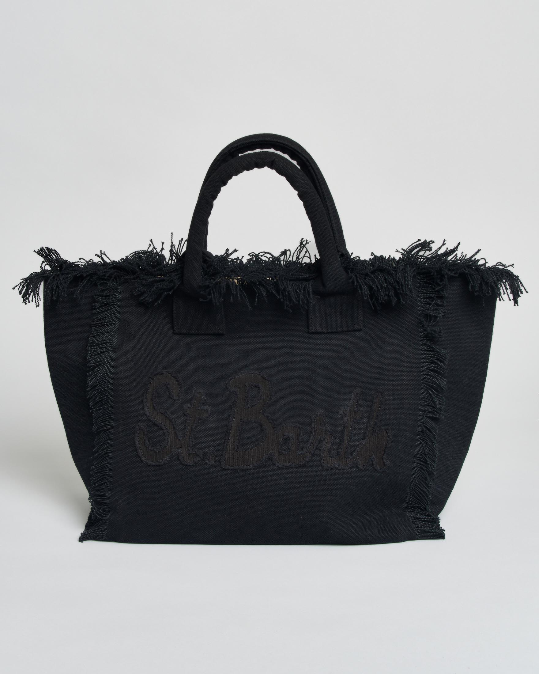 Borsa Vanity Regular MC2 Saint Barth in denim di cotone nera con scritto logo patch e frange
