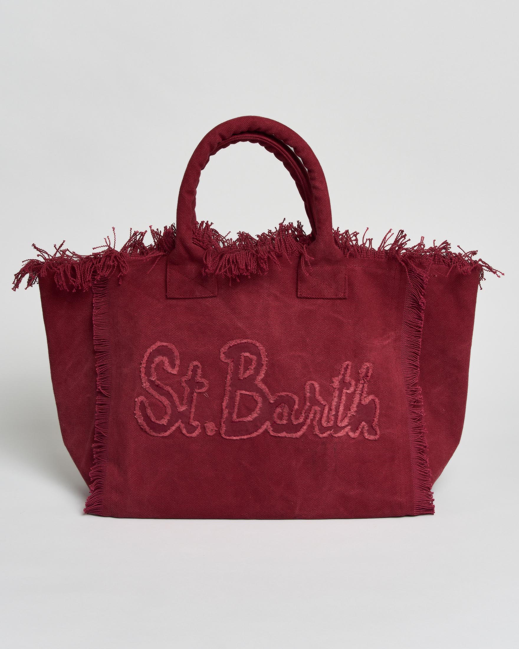Borsa Vanity Regular MC2 Saint Barth in denim di cotone bordeaux con scritto logo patch e frange