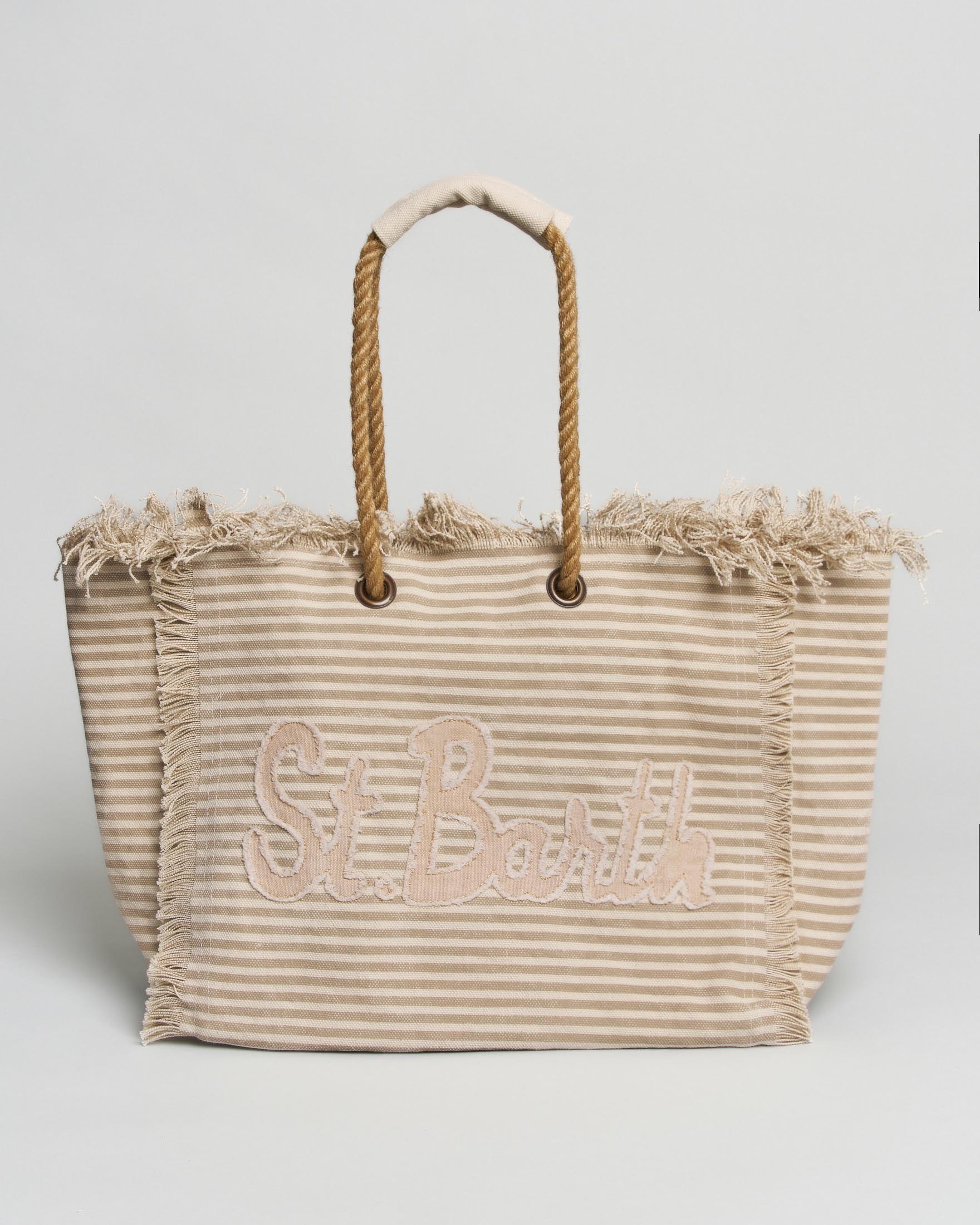 Borsa Beach Bag in canvas di cotone a righe bianche e beige