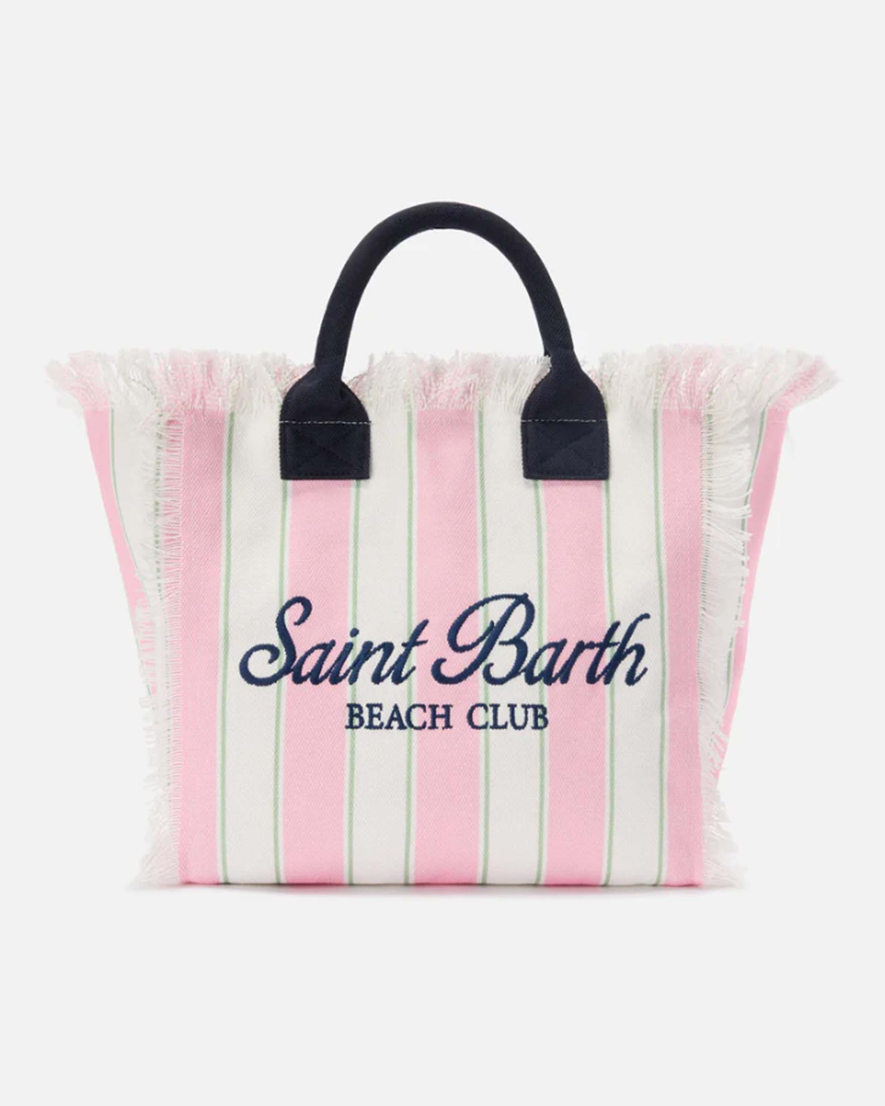 Borsa Vanity Regular MC2 Saint Barth in canvas a righe rosa spesse e sottili verdi con frange