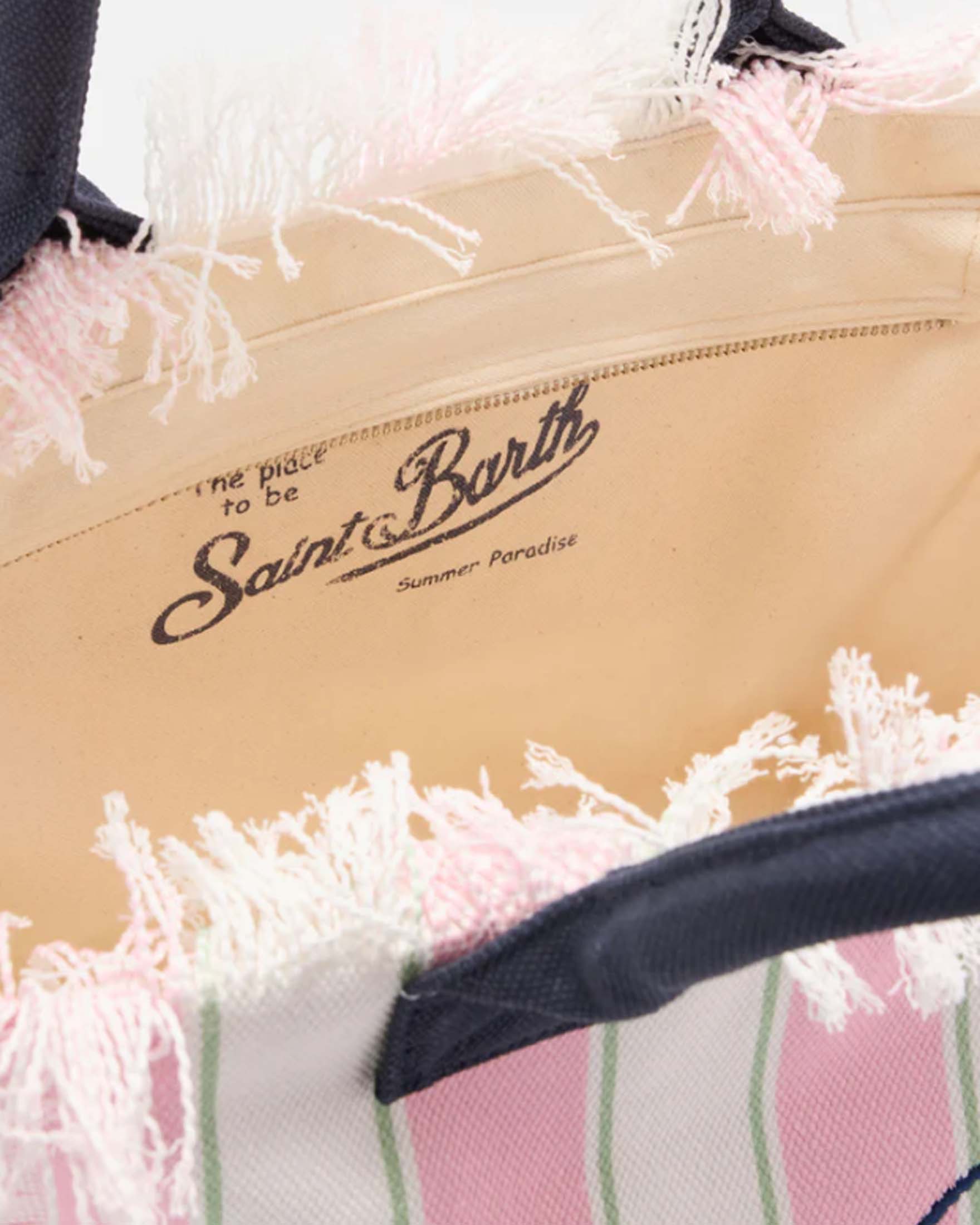 Borsa Vanity Regular MC2 Saint Barth in canvas a righe rosa spesse e sottili verdi con frange image