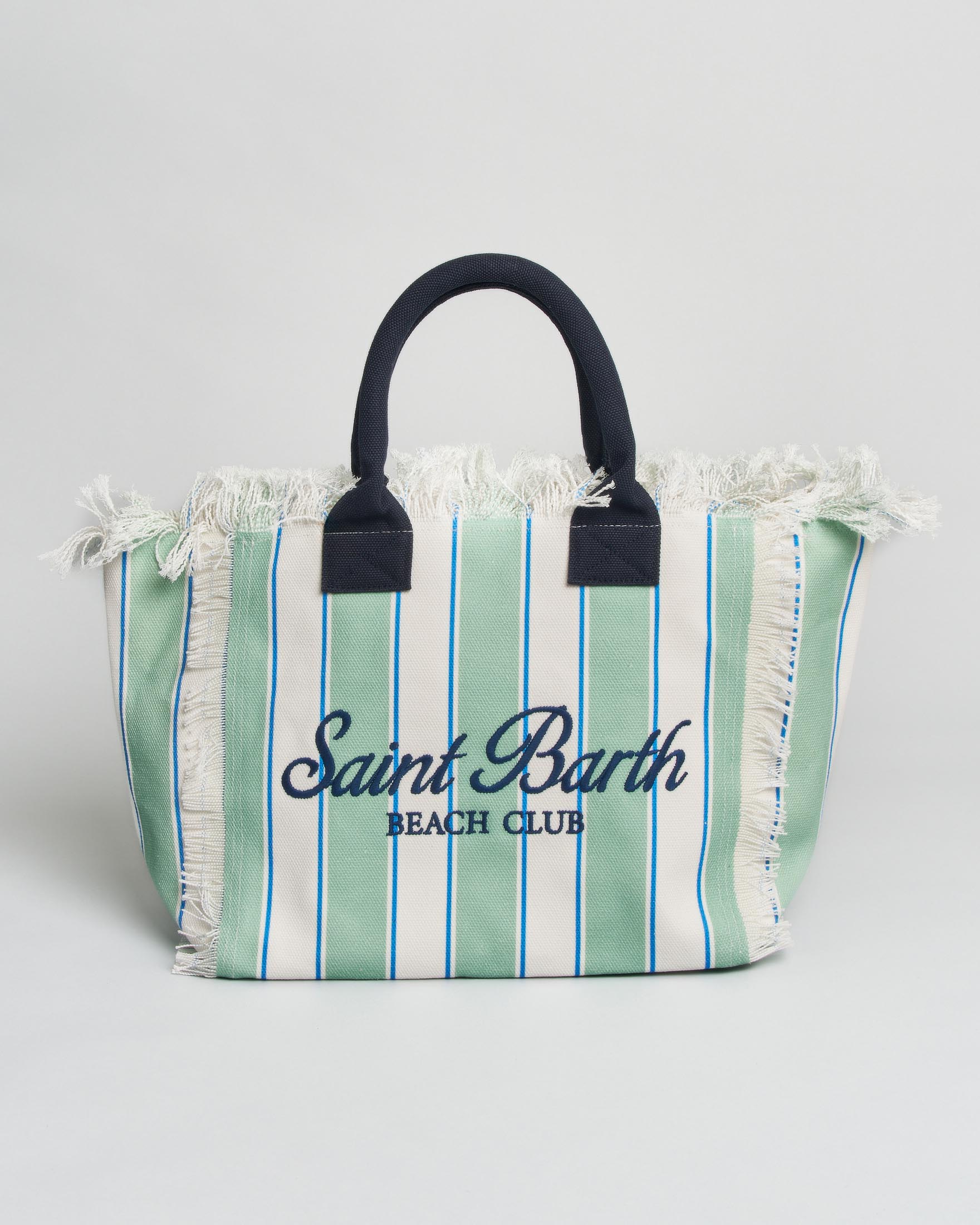 Borsa Vanity Regular MC2 Saint Barth in canvas a righe color acqua spesse con frange