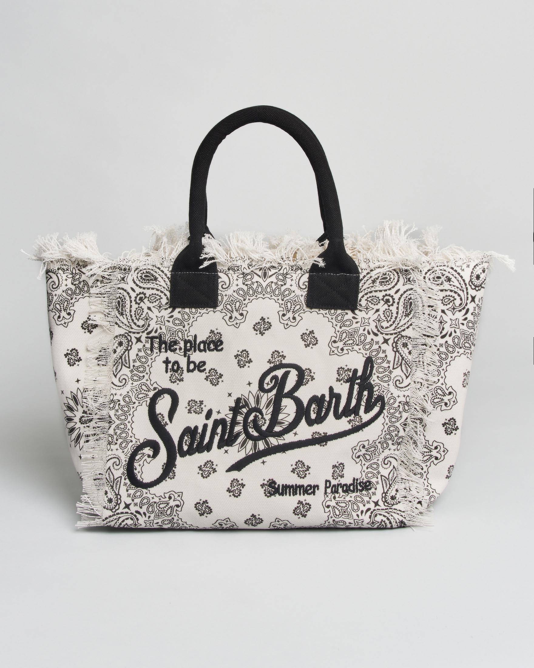 Borsa Vanity Regular MC2 Saint Barth in canvas di puro cotone con stampa bandana bianca e frange