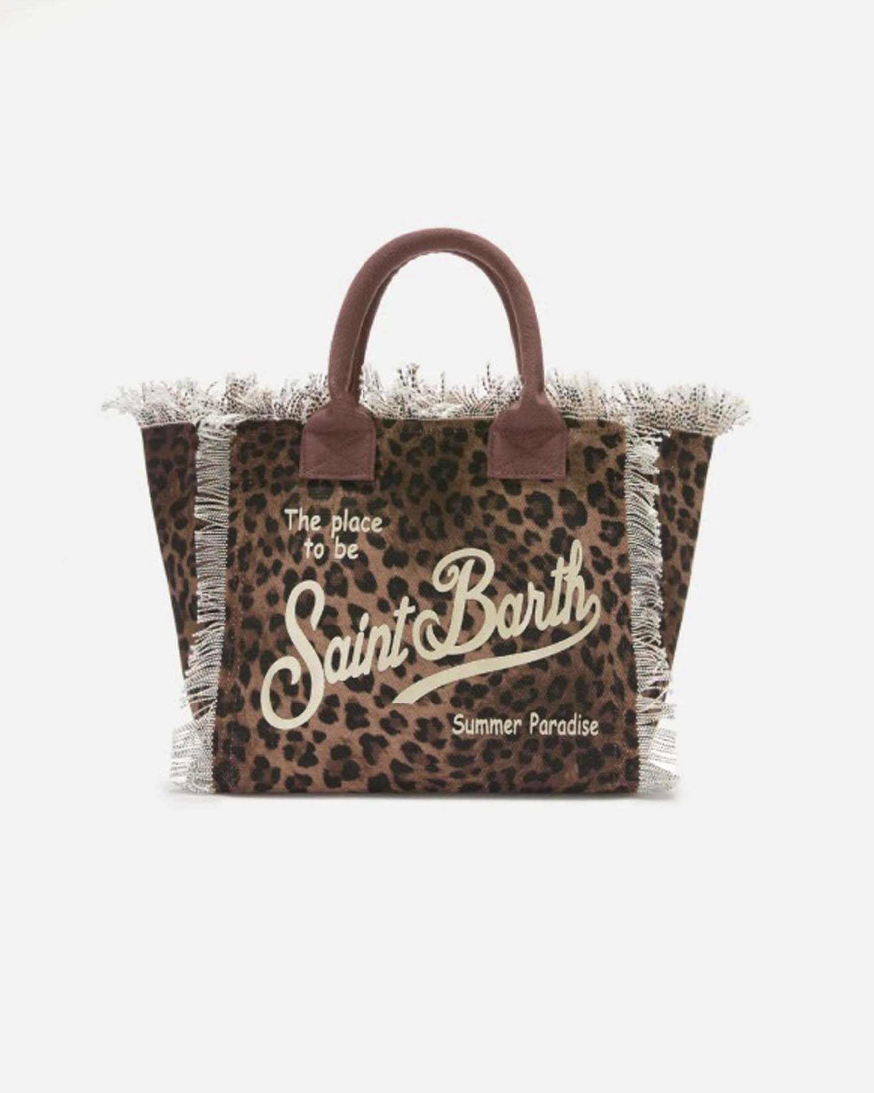 Borsa Vanity Regular in canvas di puro cotone con stampa leopardata e frange