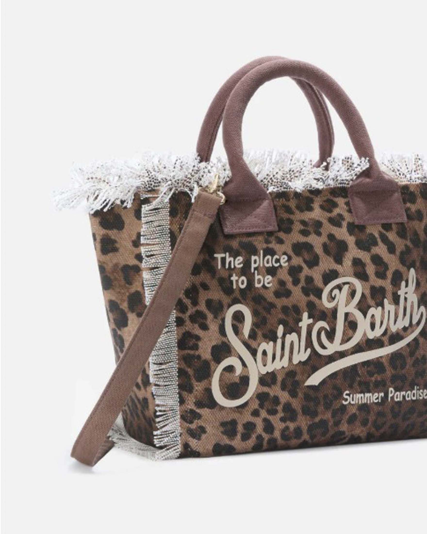 Borsa Vanity Regular MC2 Saint Barth in canvas di puro cotone con stampa leopardata e frange image
