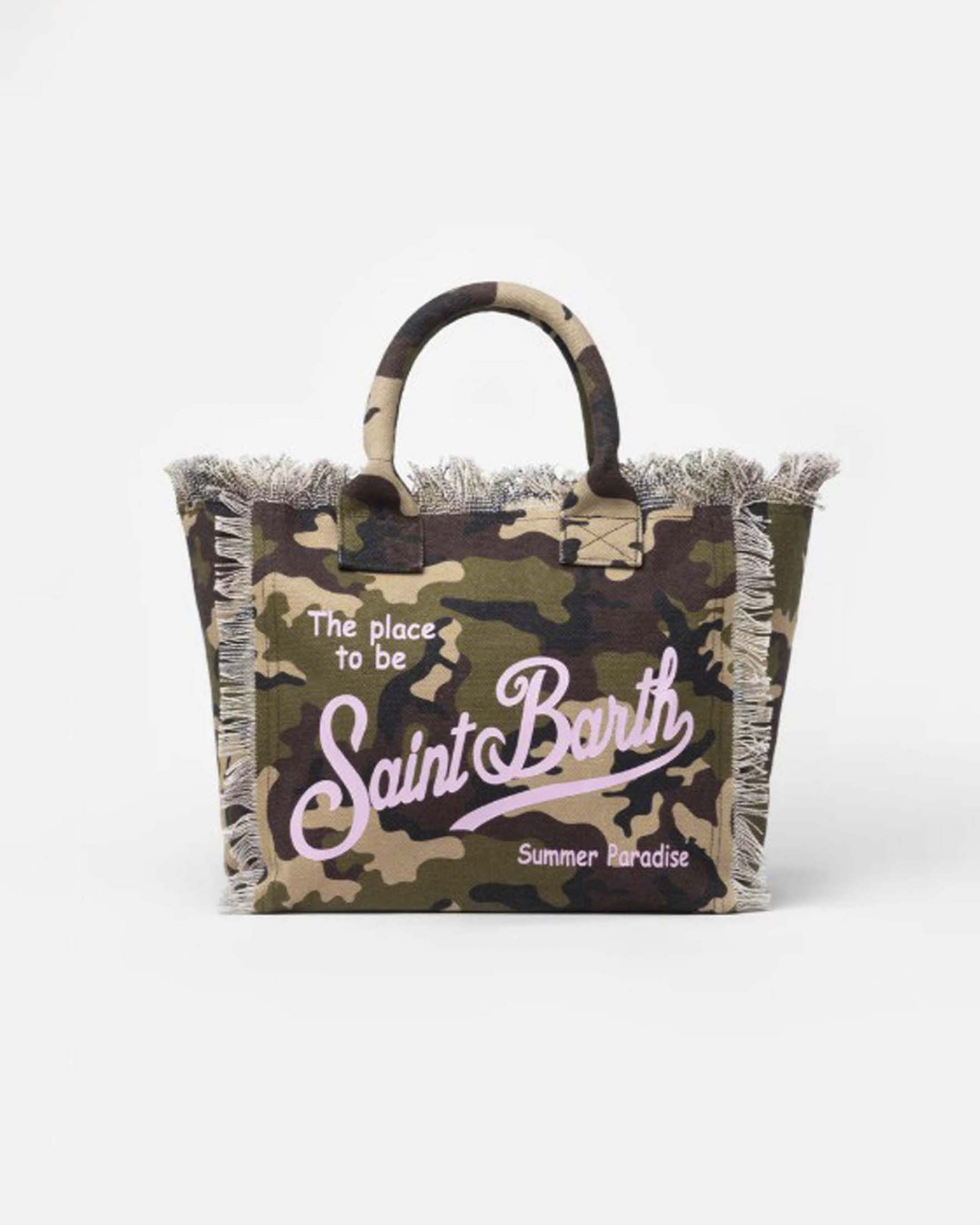 Borsa Vanity Regular MC2 Saint Barth in tela di cotone con stampa camouflage e scritta logo rosa