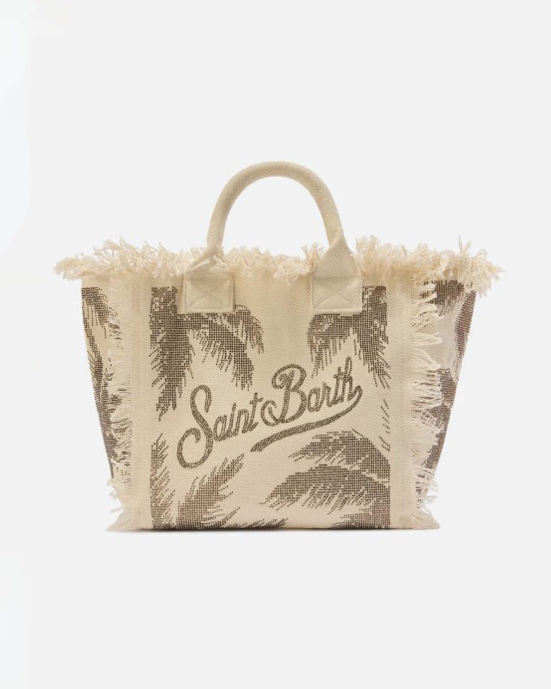 Borsa Vanity Regular beige in canvas con stampa palme e strass applicati