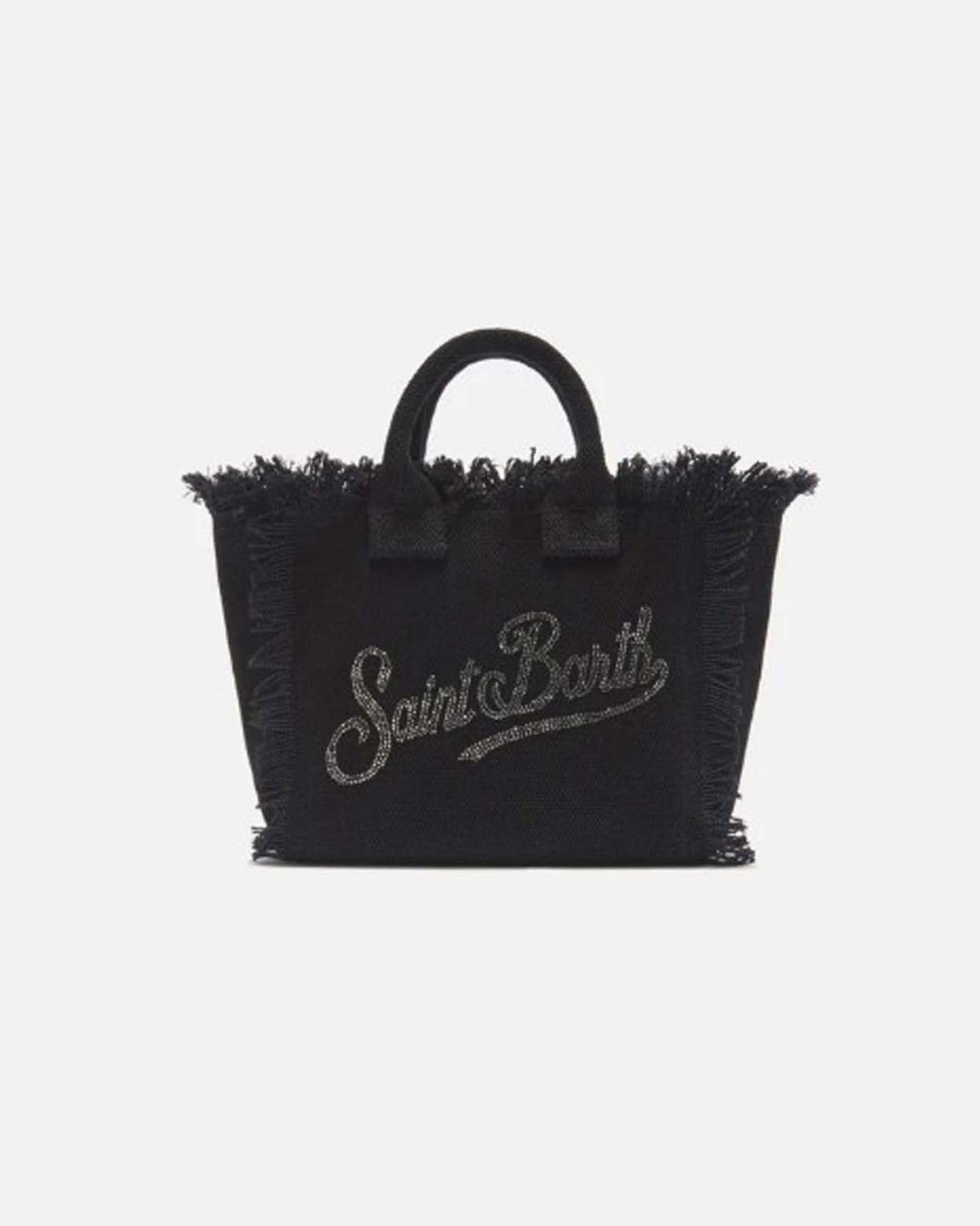 Borsa Vanity Mini MC2 Saint Barth in cotone nero con scritta logo in strass e orli sfrangiati