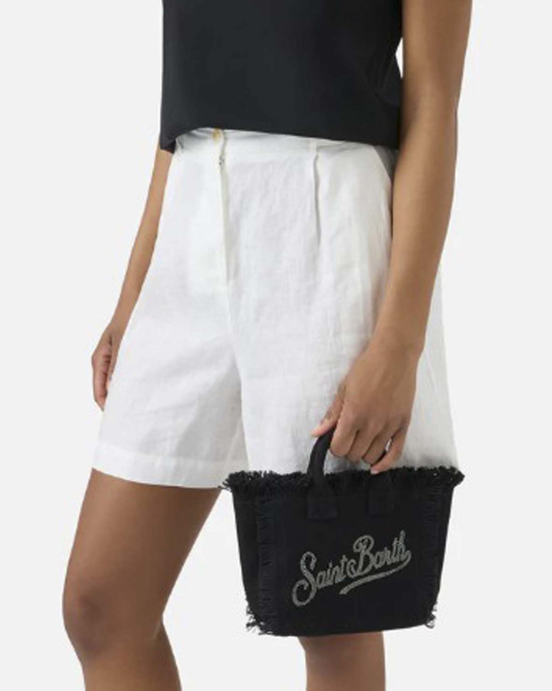 Borsa Vanity Mini MC2 Saint Barth in cotone nero con scritta logo in strass e orli sfrangiati image