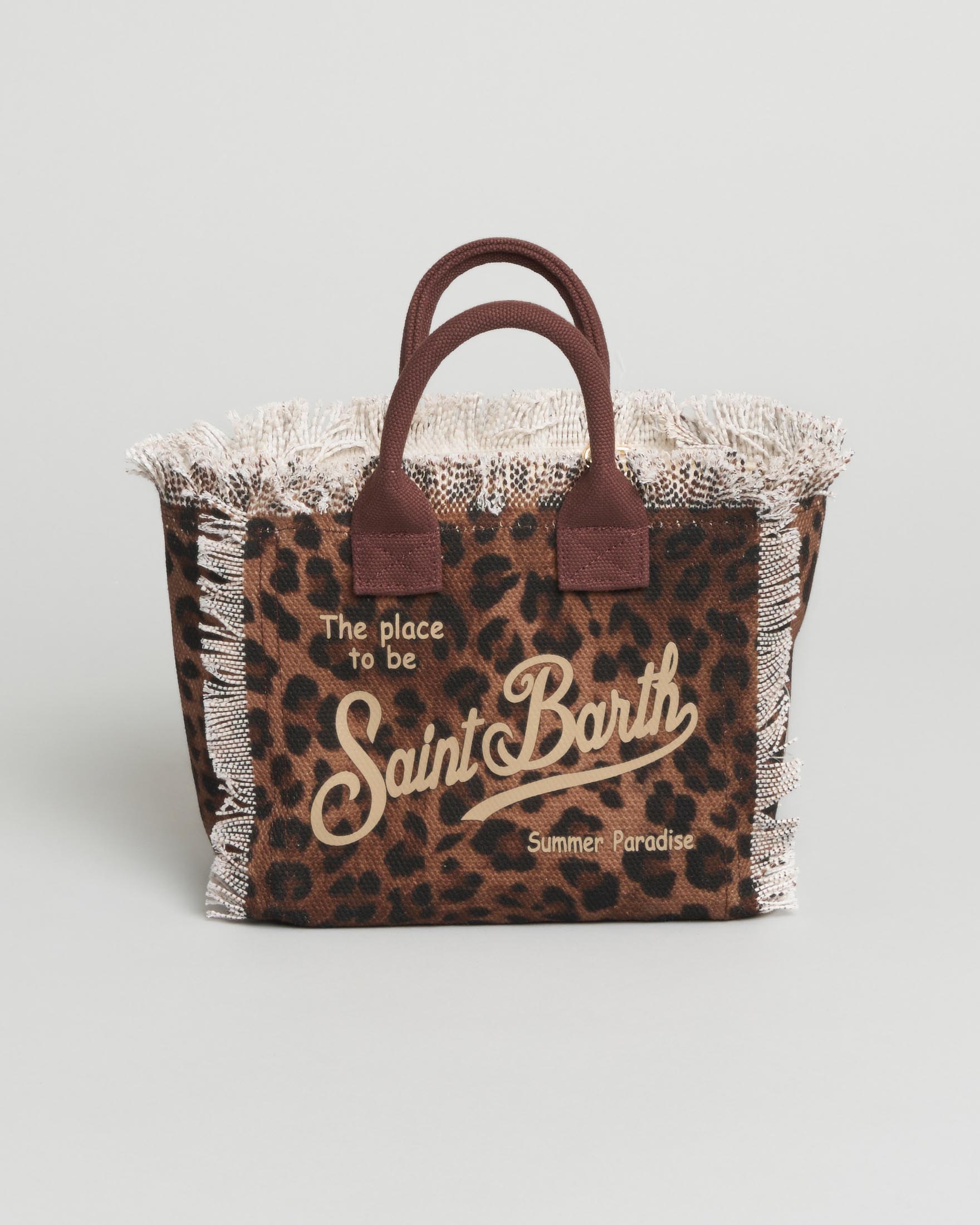 Borsa Vanity Mini MC2 Saint Barth in cotone animalier marrone con orli sfrangiati