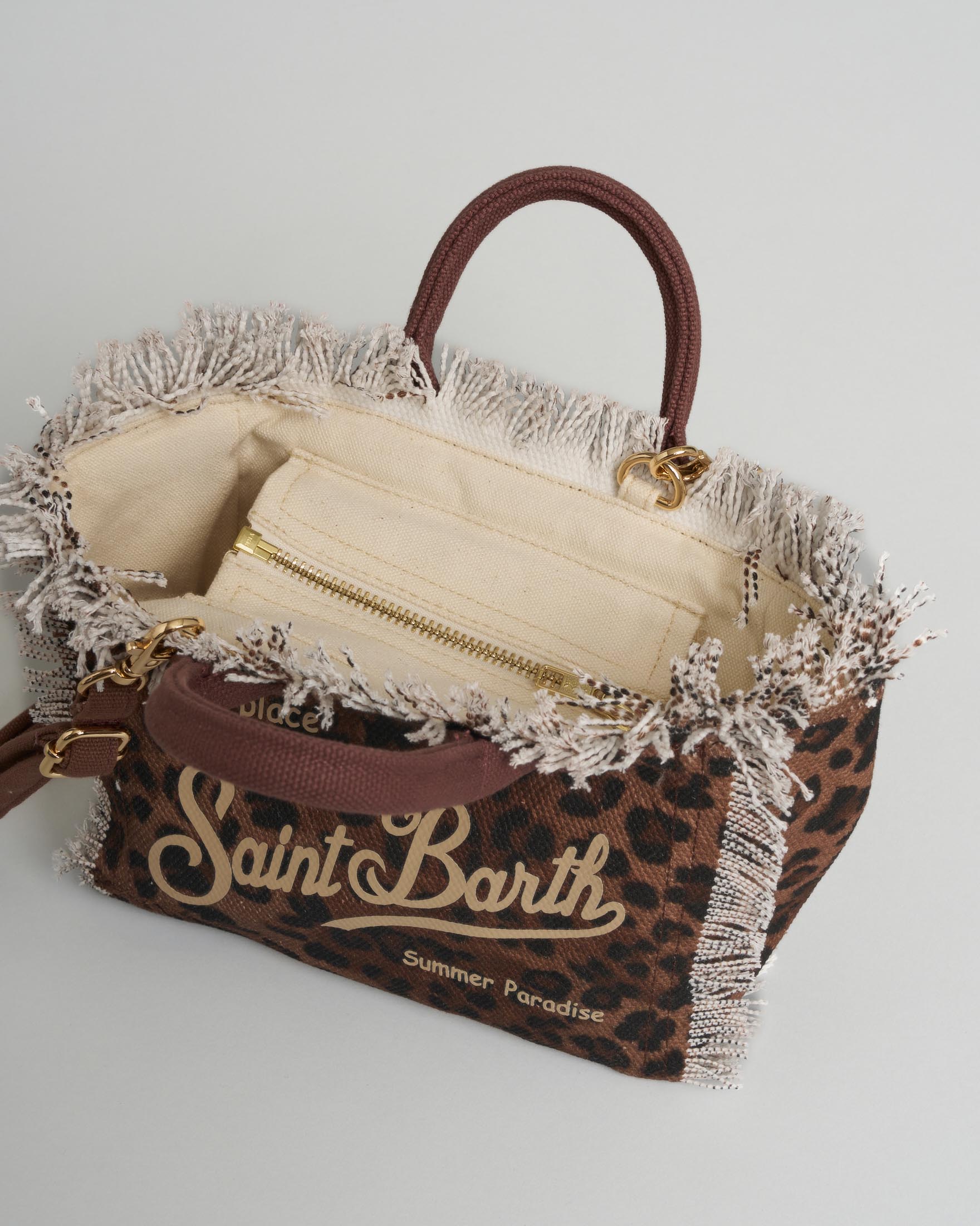 Borsa Vanity Mini MC2 Saint Barth in cotone animalier marrone con orli sfrangiati image