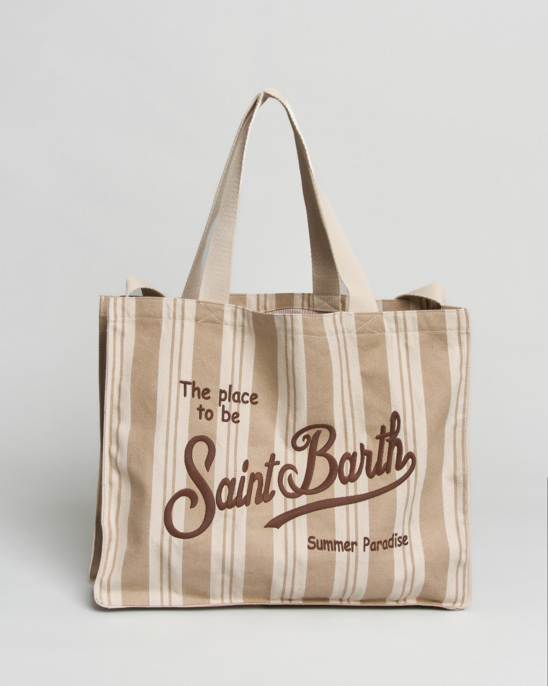 Borsa Essential in canvas toile de jouy a righe bianche e beige