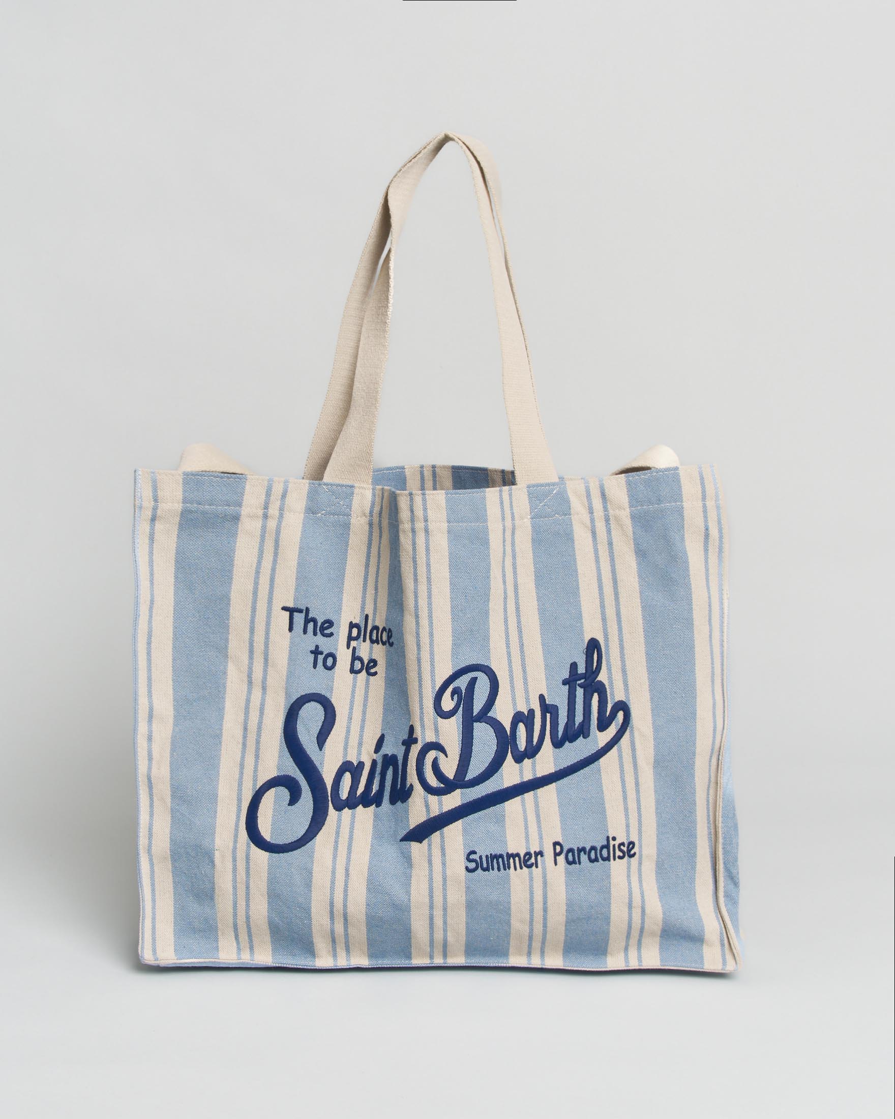 Borsa Essential MC2 Saint Barth in canvas toile de jouy a righe bianche e azzurre