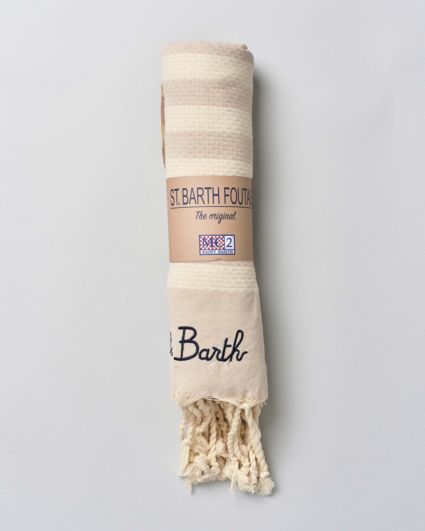 Telo mare MC2 Saint Barth beige in cotone a righe caffè latte con frange e scritta logo ricamata