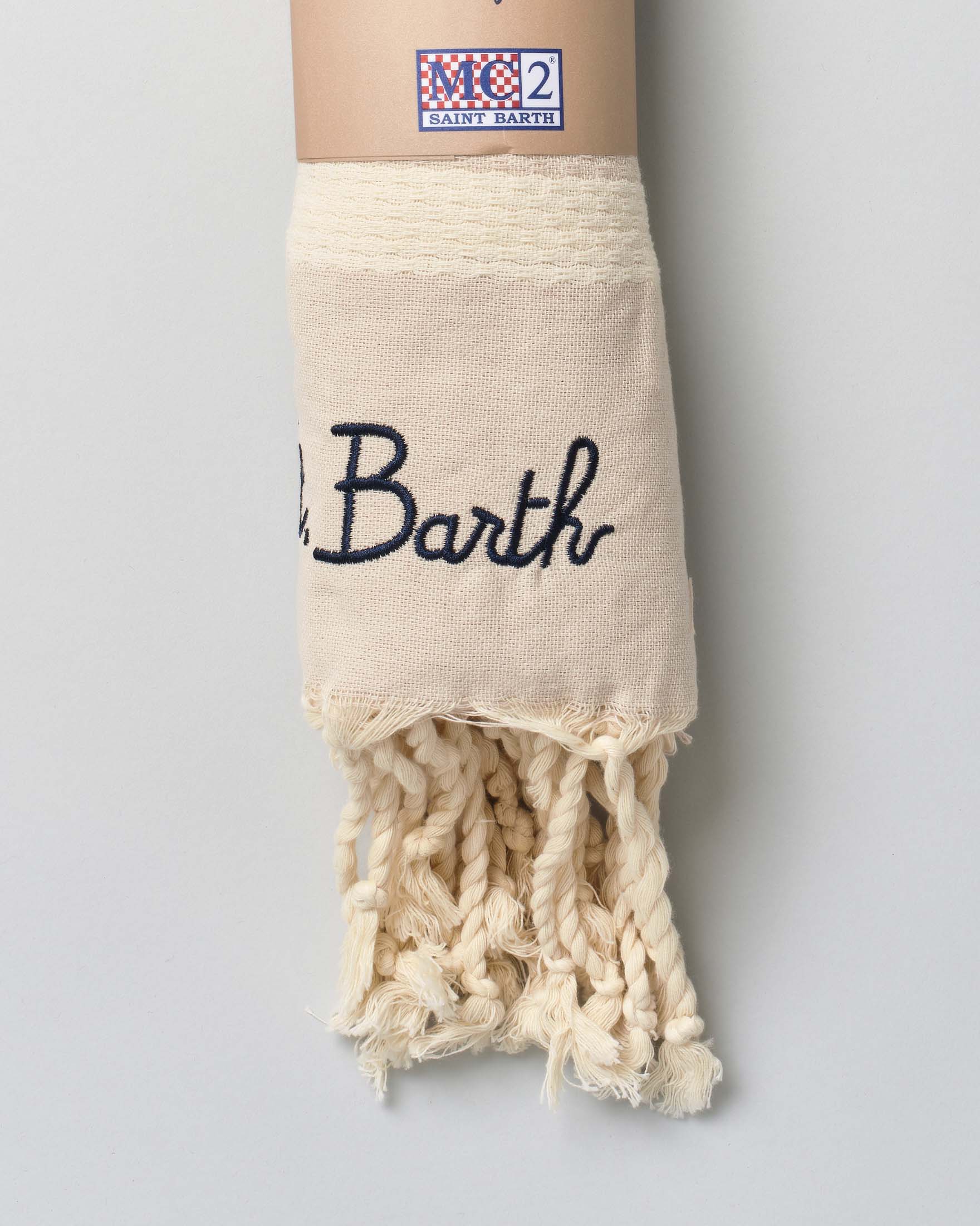 Telo mare MC2 Saint Barth beige in cotone a righe caffè latte con frange e scritta logo ricamata image