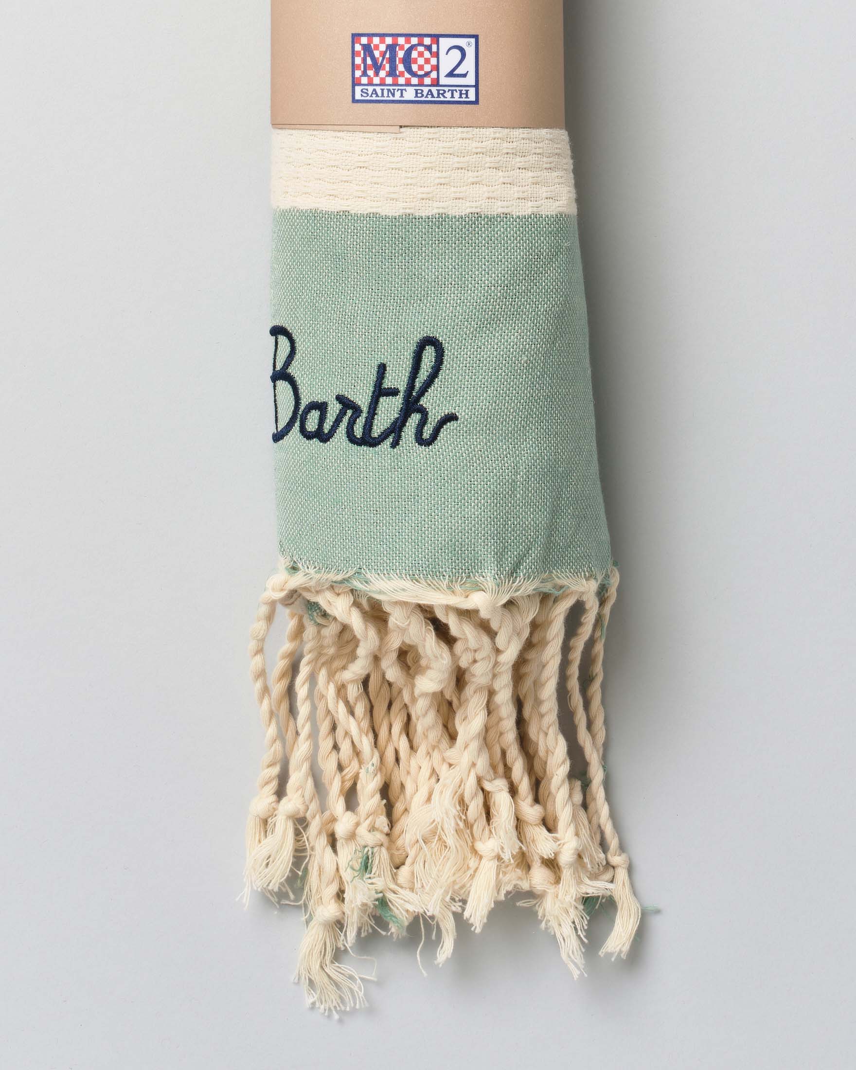 Telo mare MC2 Saint Barth verde salvia in cotone a righe beige con frange e scritta logo ricamata image
