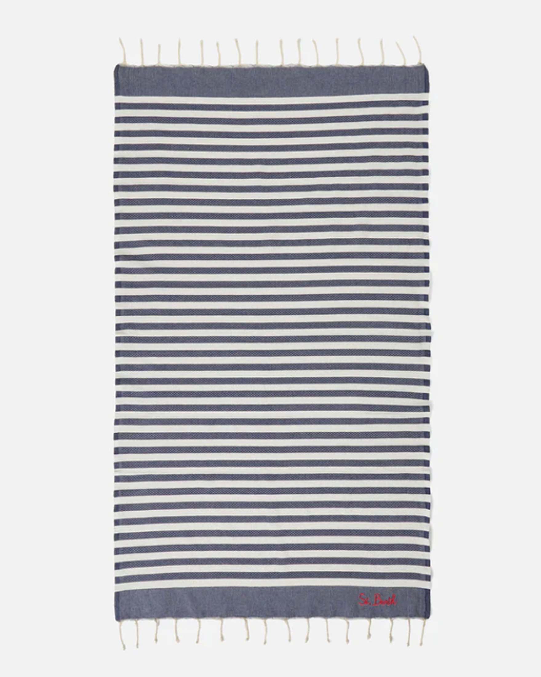 Telo mare MC2 Saint Barth blu in cotone a righe panna con frange e scritta logo ricamata