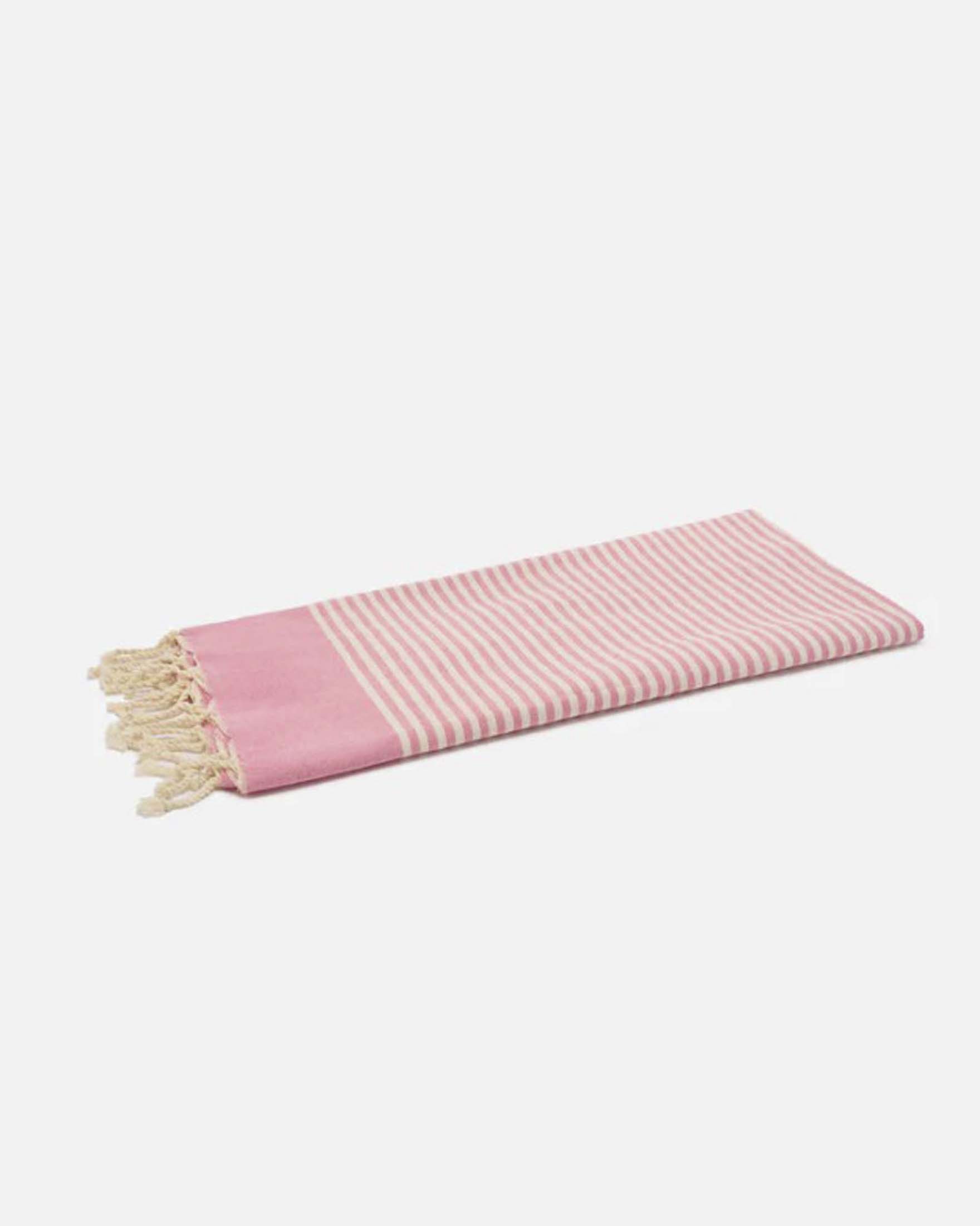Telo mare foutas rosa a righe sottili in cotone con frange e scritta logo ricamata