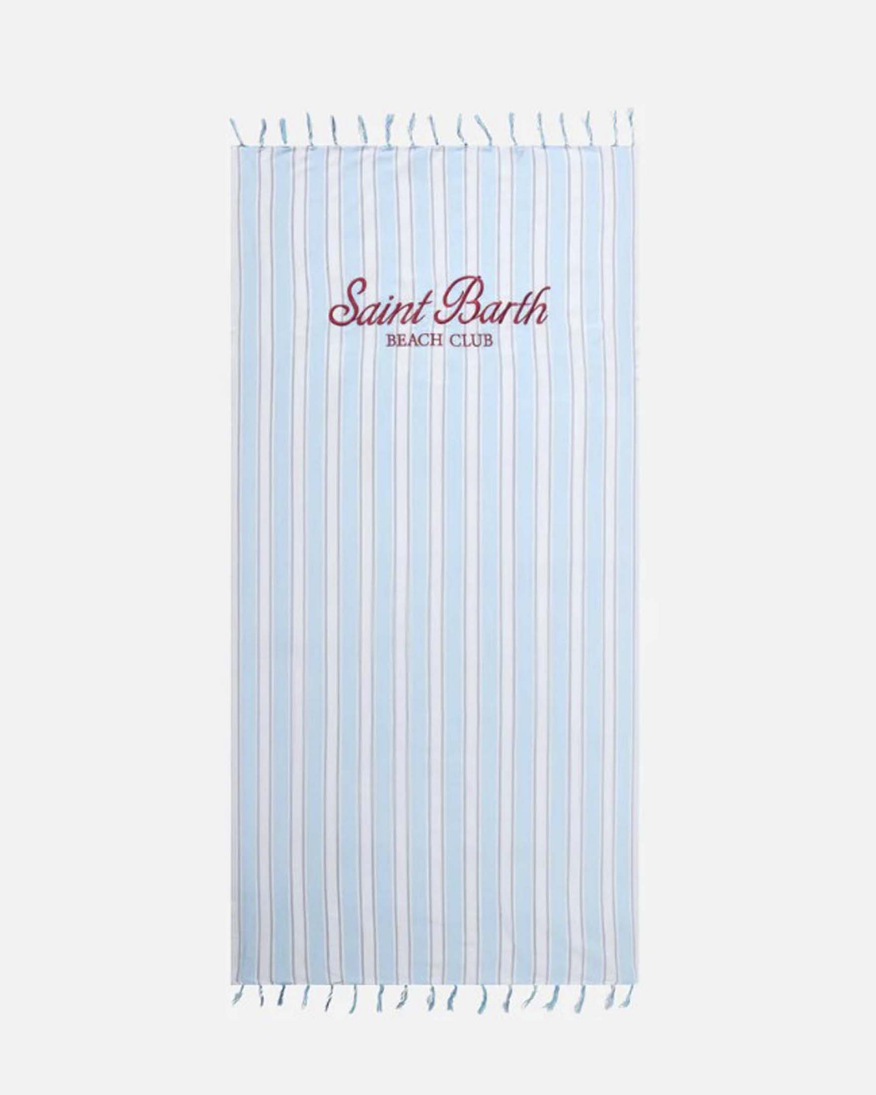 Telo mare Fouta Light MC2 Saint Barth a righe bianche e azzurre con maxi logo bordeaux e frange