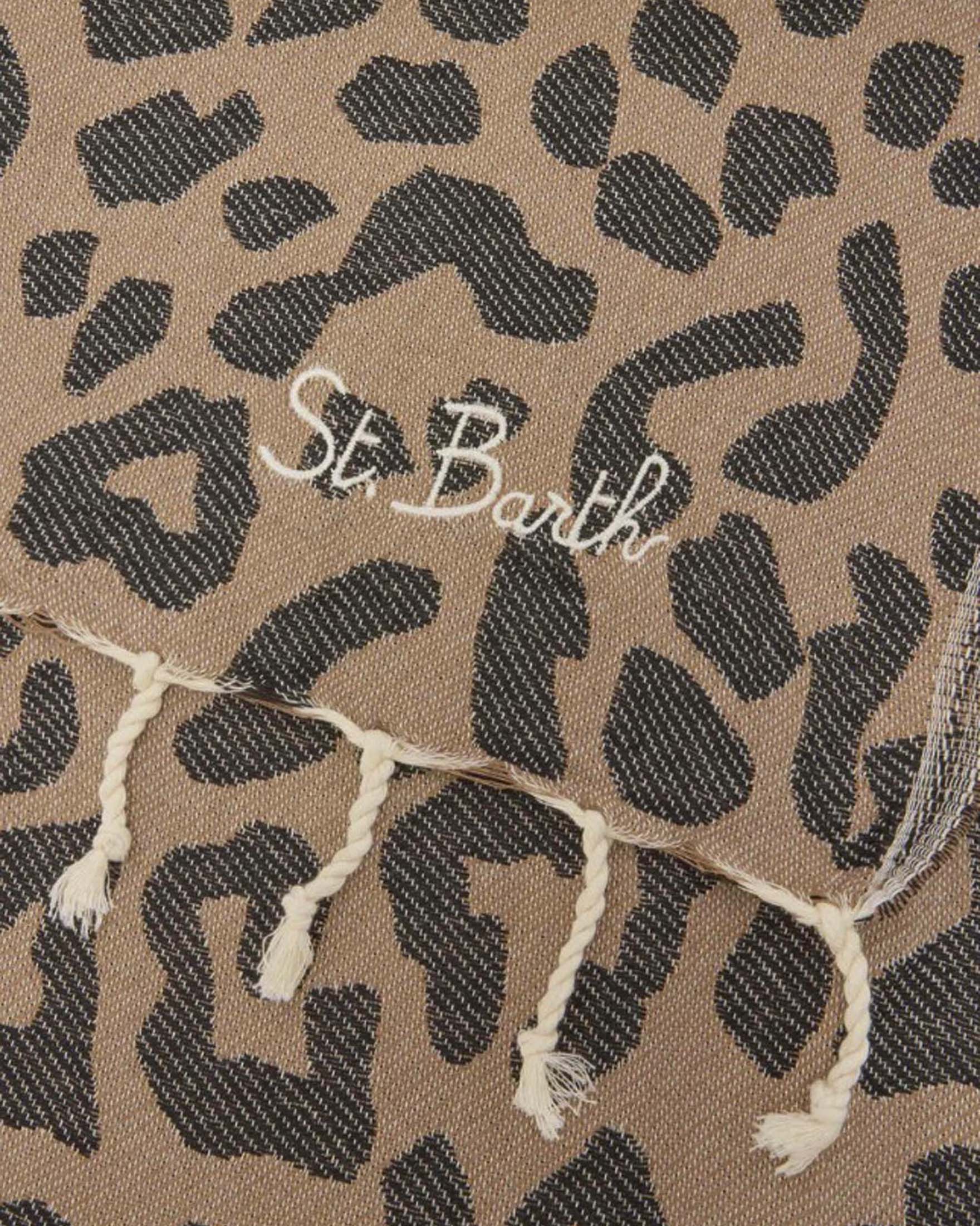 Telo mare MC2 Saint Barth marrone e nero in cotone jacquard leopardato con scritta logo e frange image