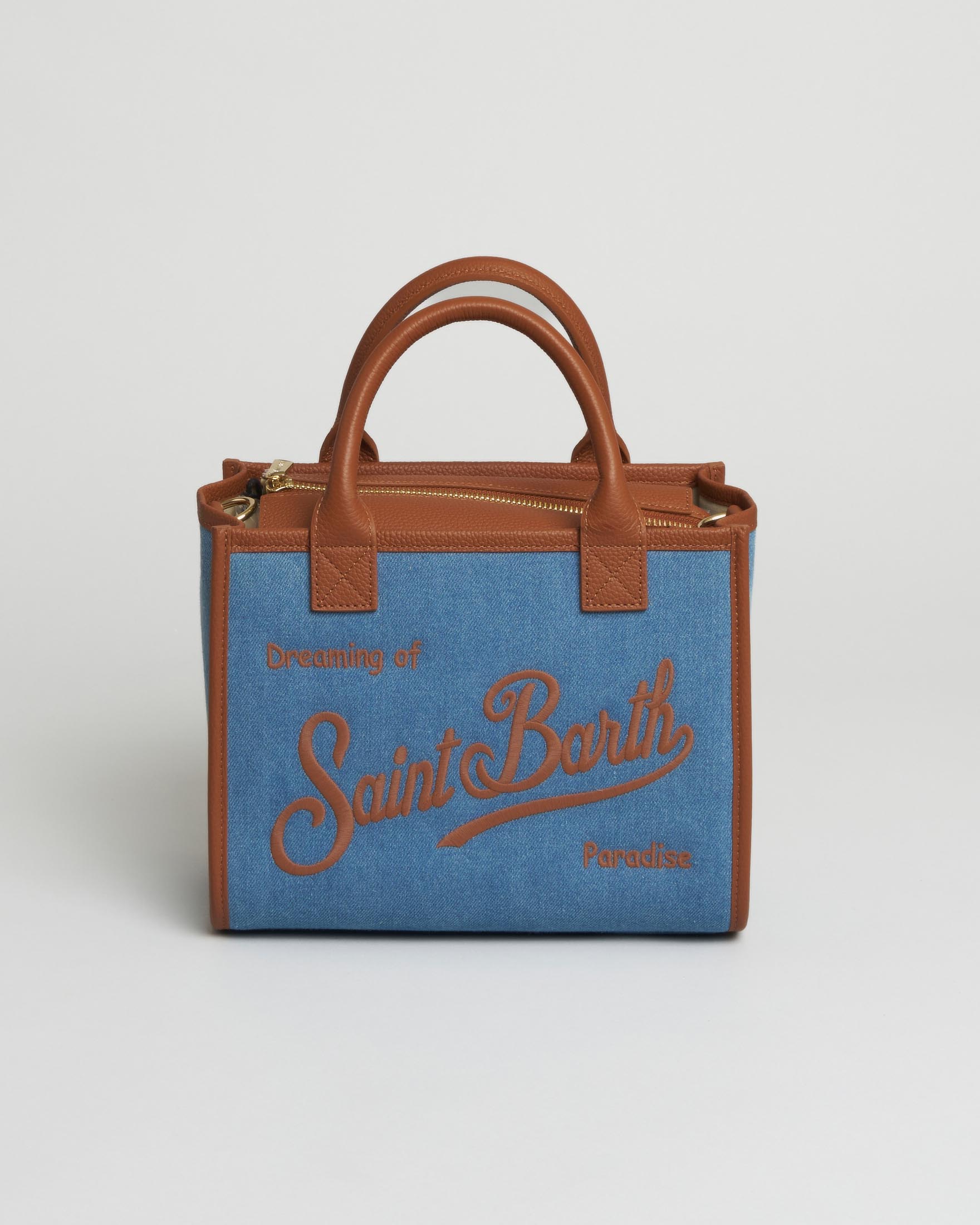 Borsa Vanity Midi MC2 Saint Barth in denim con finiture e manici in pelle color cuoio
