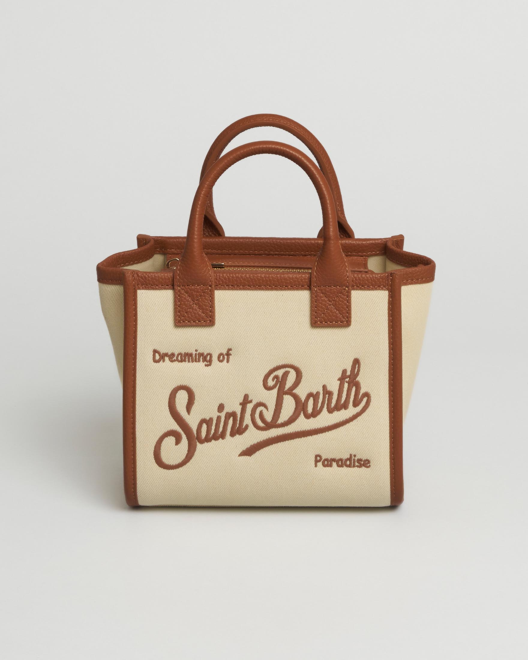 Borsa Vanity Mini MC2 Saint Barth in canvas écru con finiture e manici in pelle color cuoio