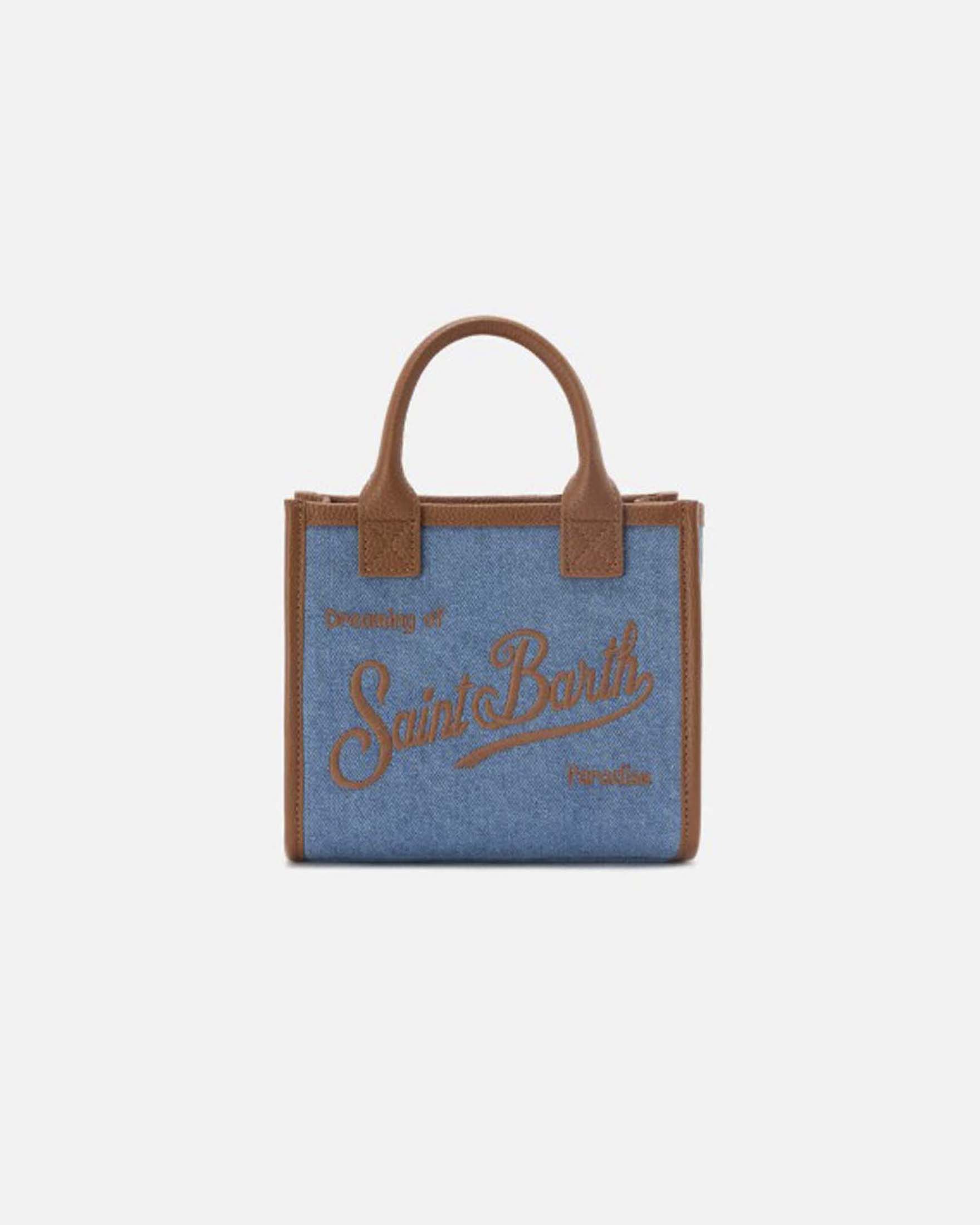 Borsa Vanity Mini in denim e pelle con scritta logo ricamata sul fronte