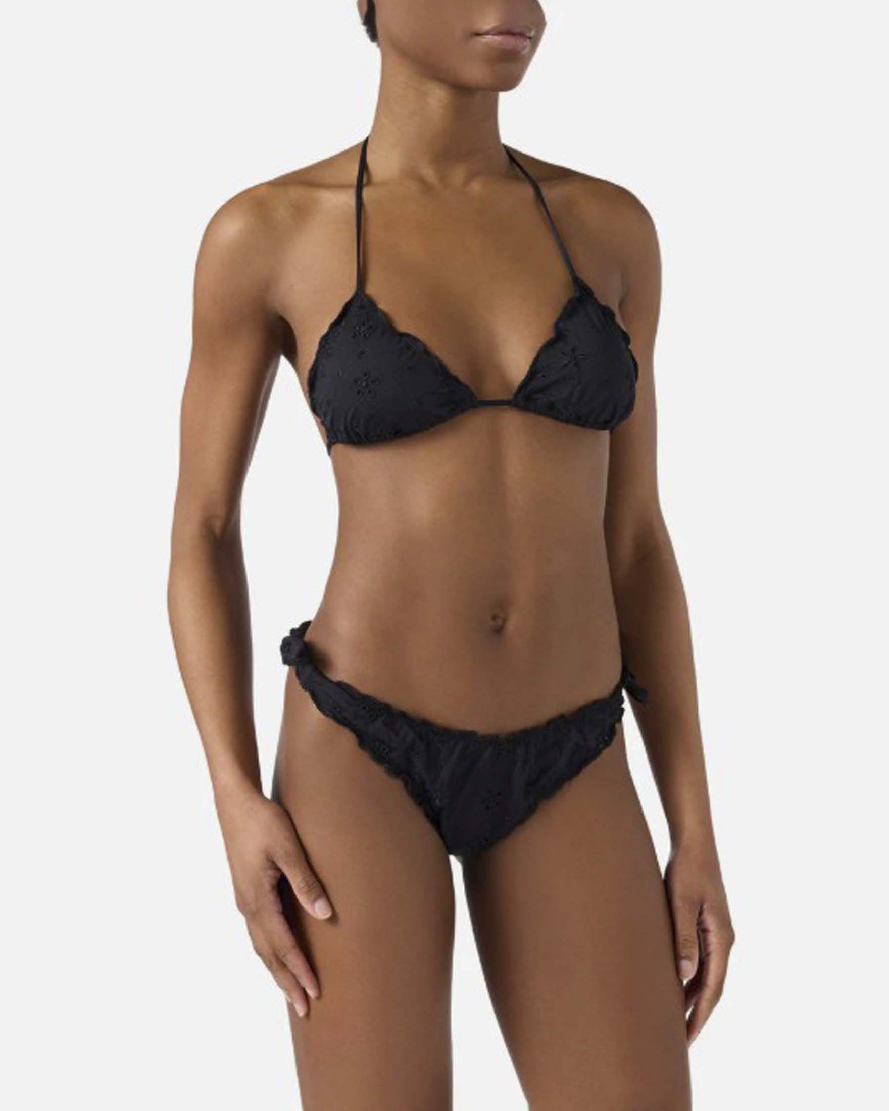 Bikini Sarius nero in sangallo con top a triangolo slip con laccetti regolabili