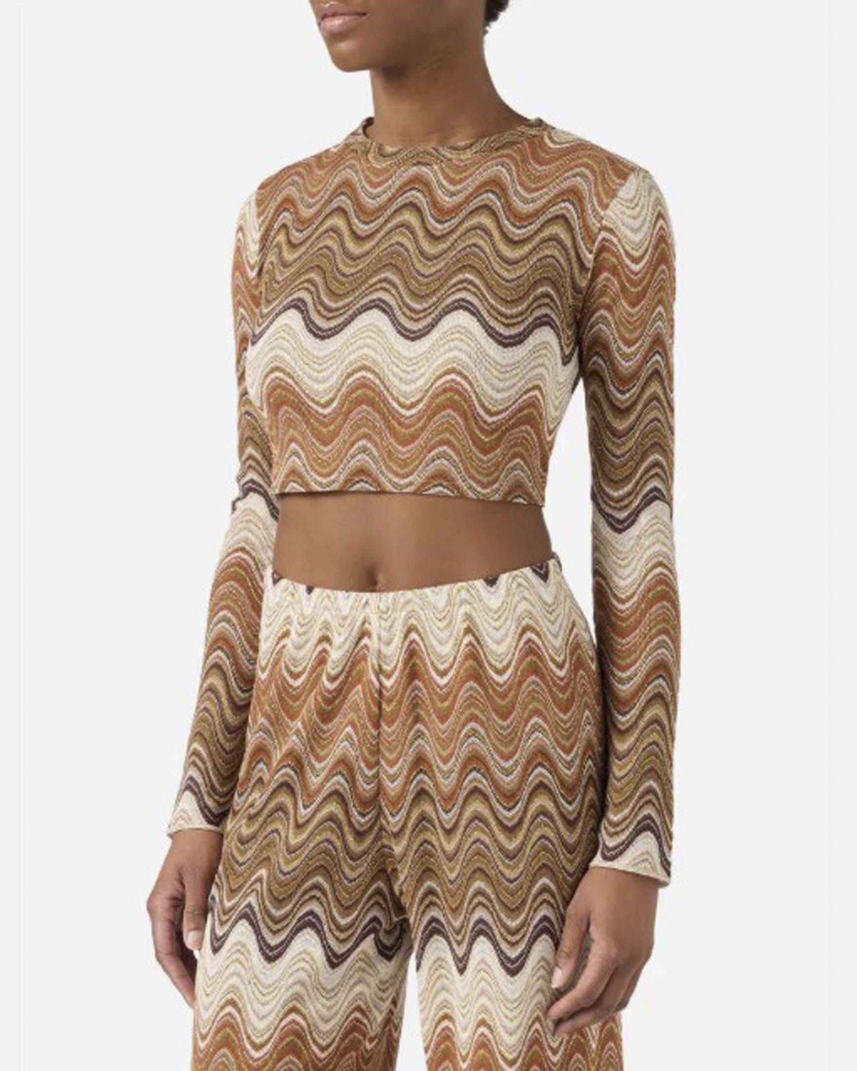 Crop top Siviglia MC2 Saint Barth in tessuto raschel degradé marrone con maniche lunghe