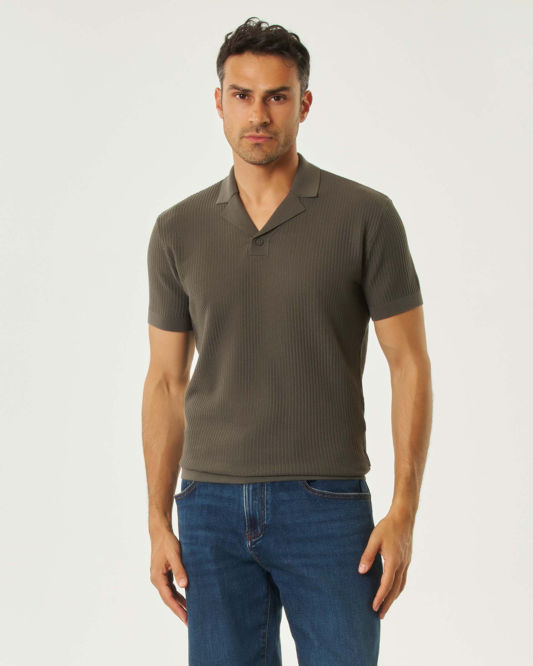 Polo Exchange verde militare in maglia di cotone con colletto bowling