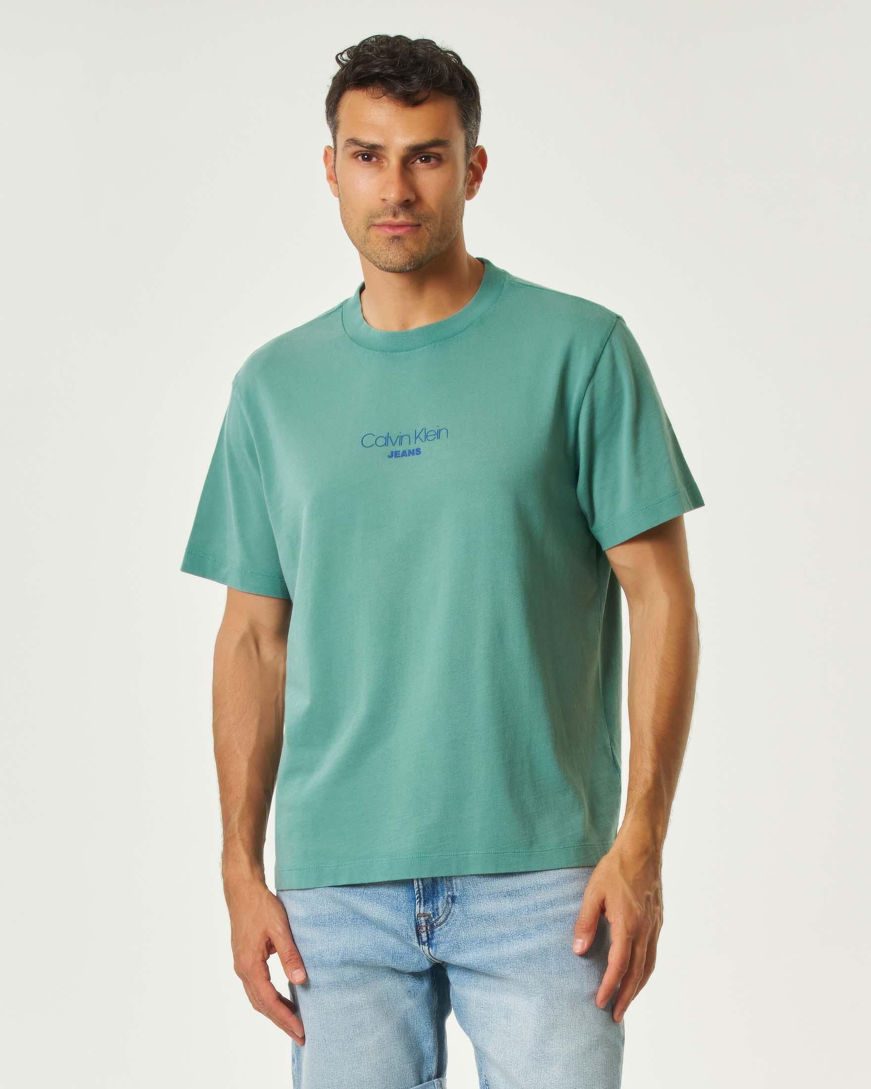 T-shirt mezza manica Jeans verde menta in cotone con ricamo logo davanti
