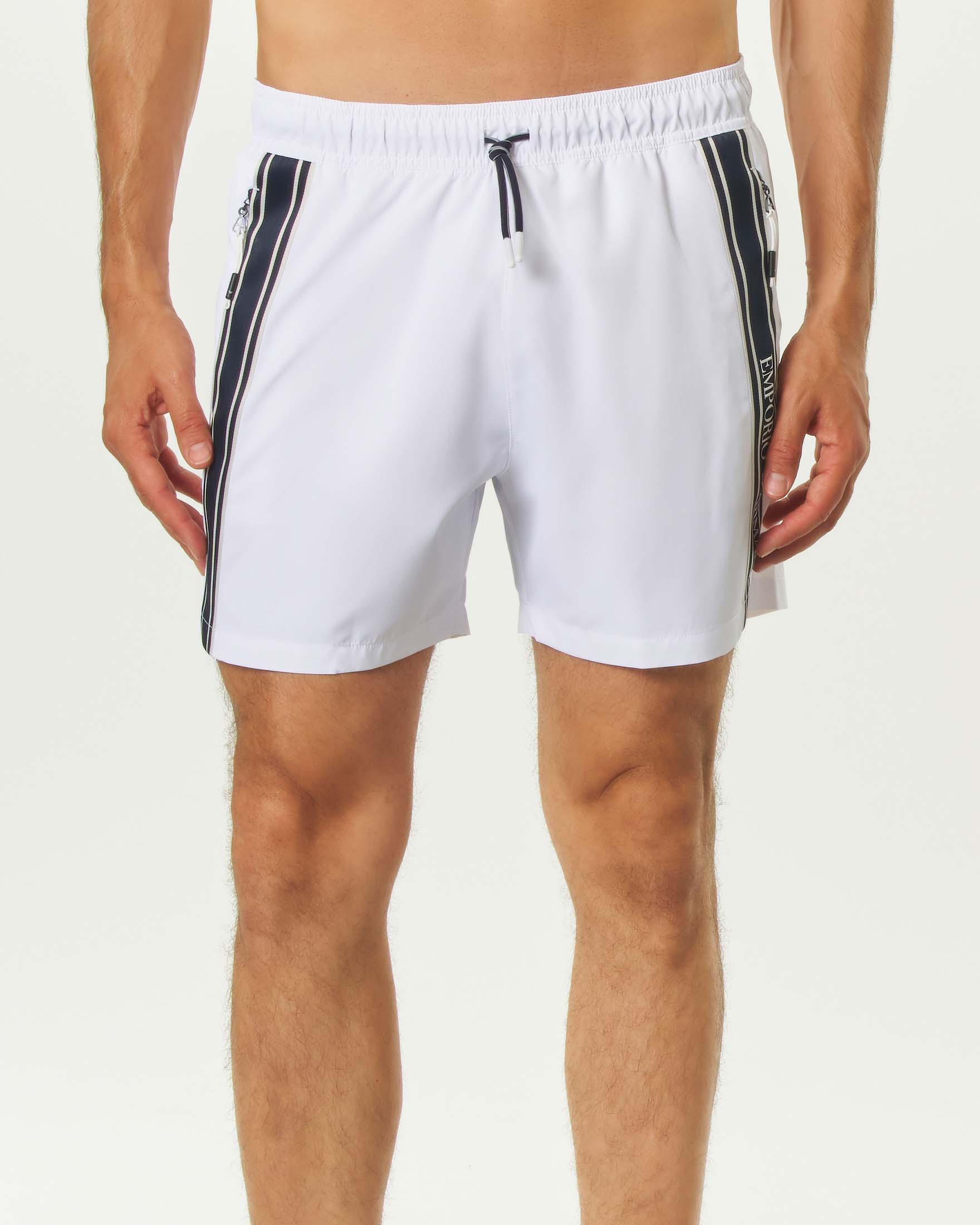 Boxer mare Emporio Armani bianco con bande porta logo e tasche a zip