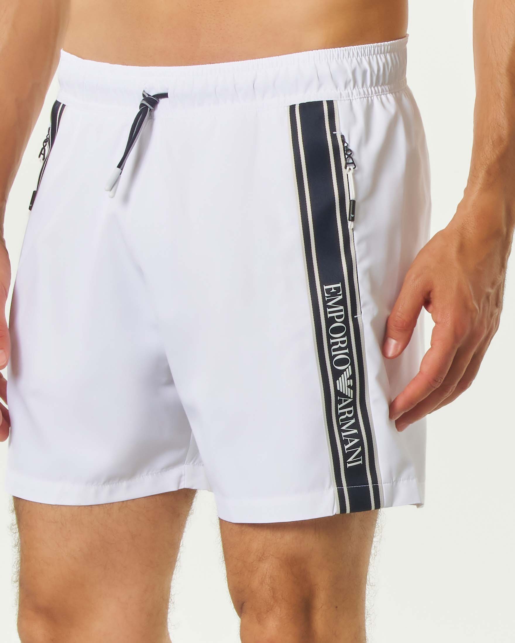 Boxer mare Emporio Armani bianco con bande porta logo e tasche a zip image