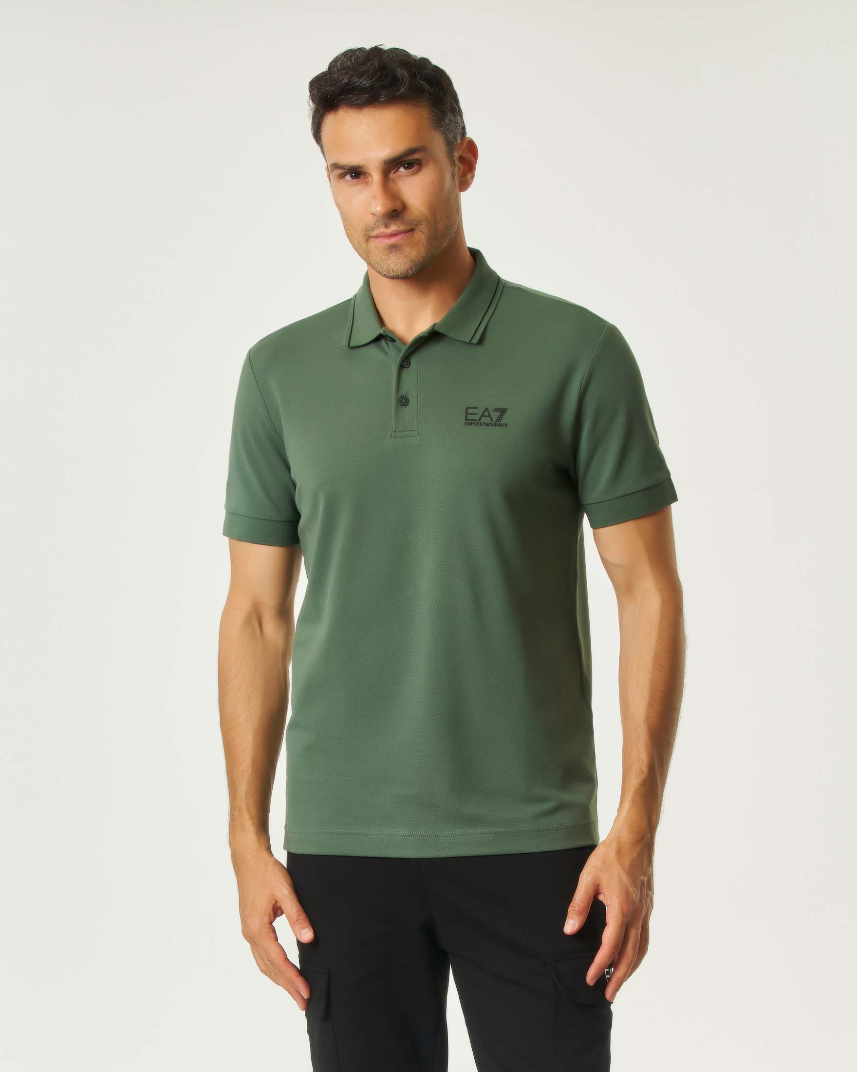 Polo EA7 verde in piqué di cotone stretch con logo stampato