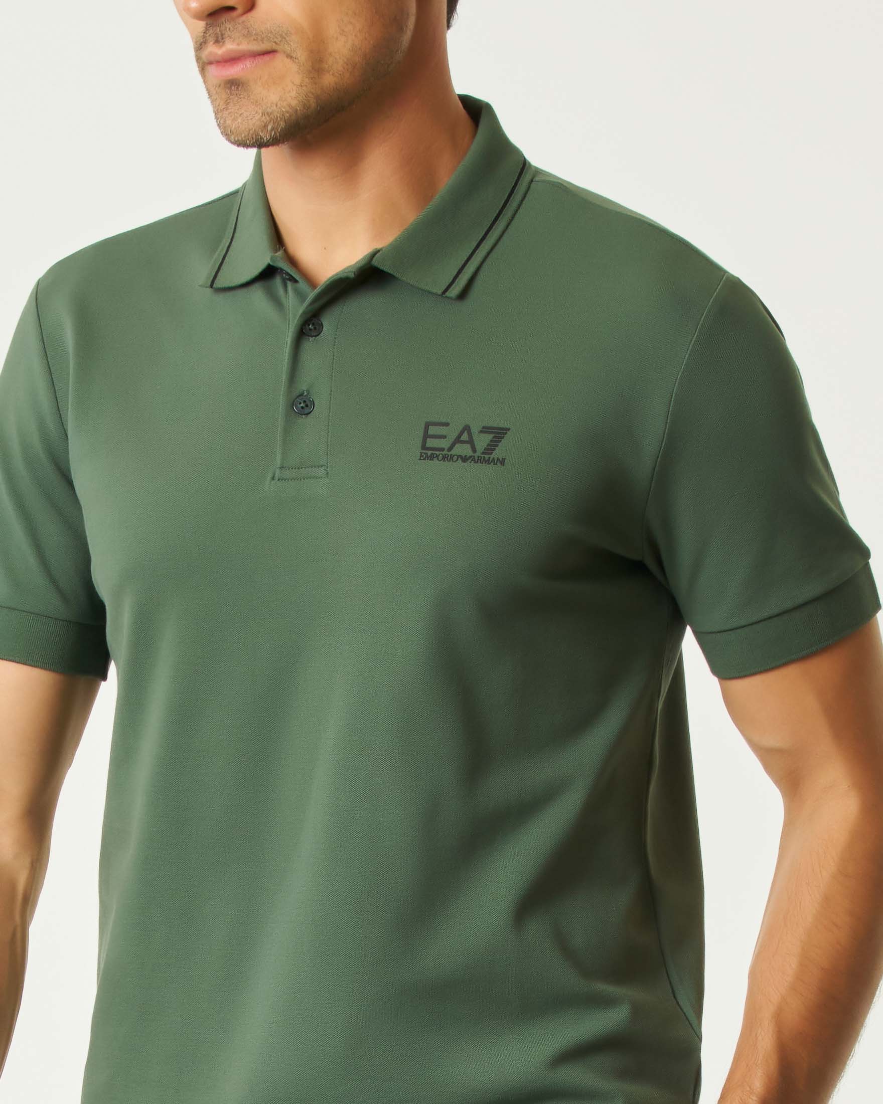 Polo EA7 verde in piqué di cotone stretch con logo stampato image