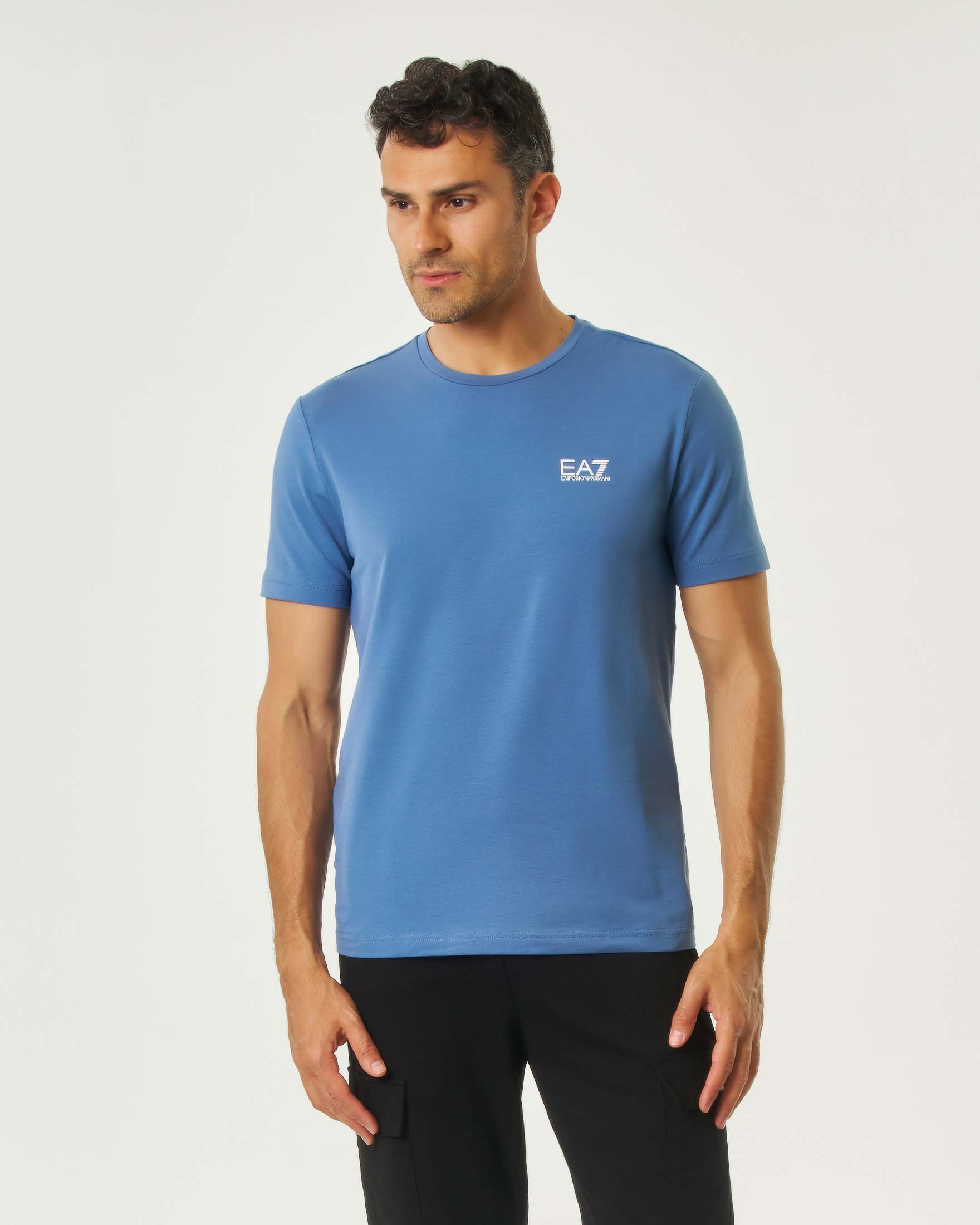 T-shirt EA7 celeste mezza manica in jersey di cotone stretch