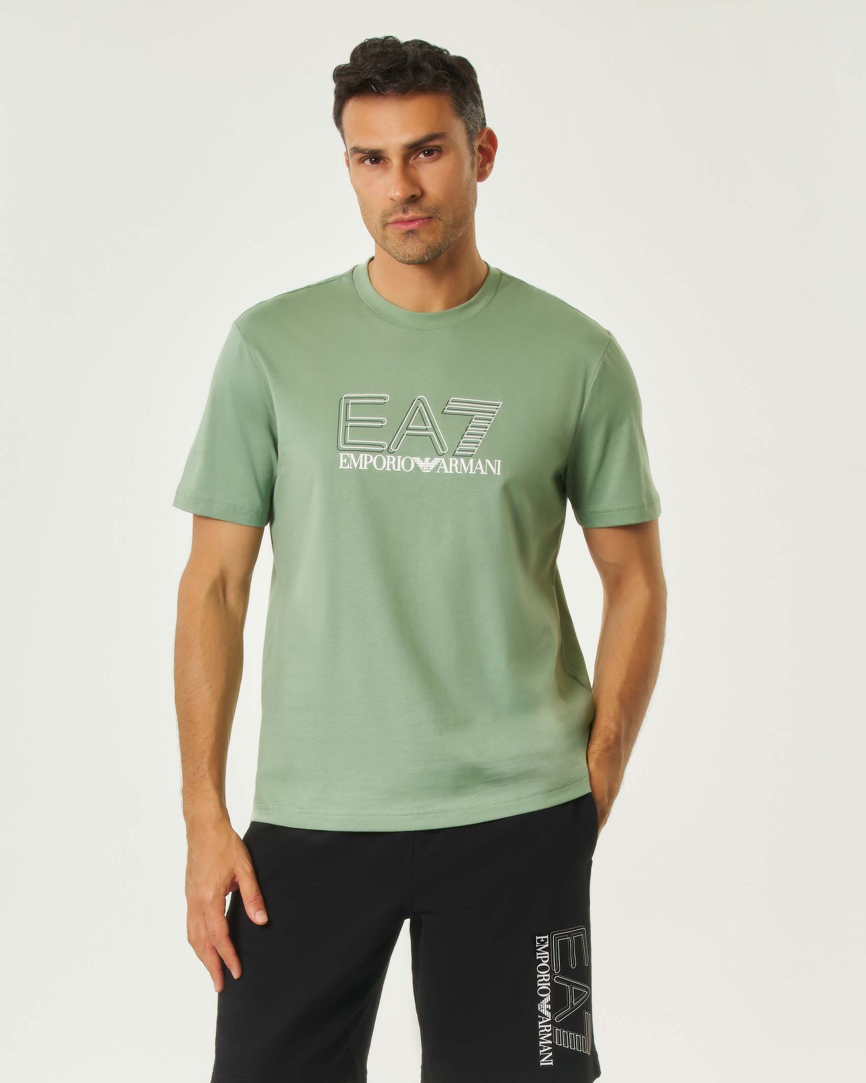 T-shirt EA7 verde salvia in cotone a maniche corte con stampa logo