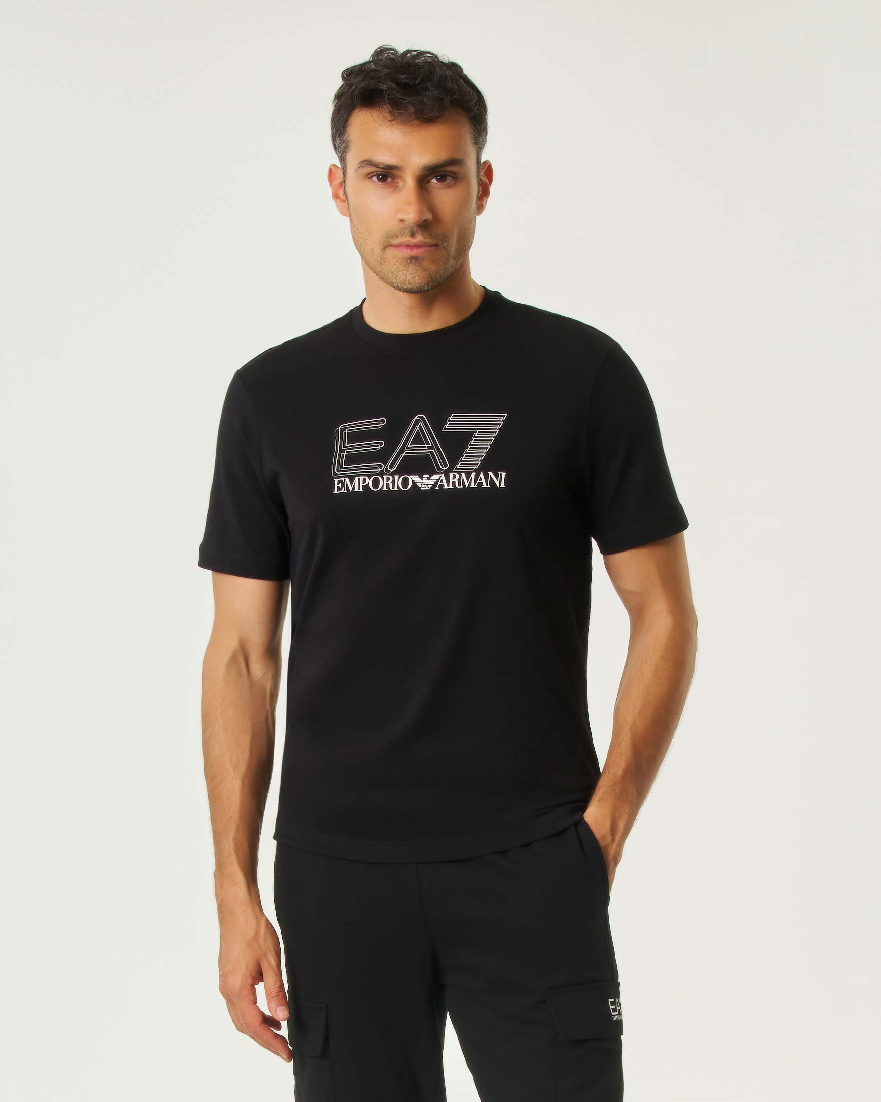 T-shirt EA7 nera in cotone stretch a maniche corte con stampa logo