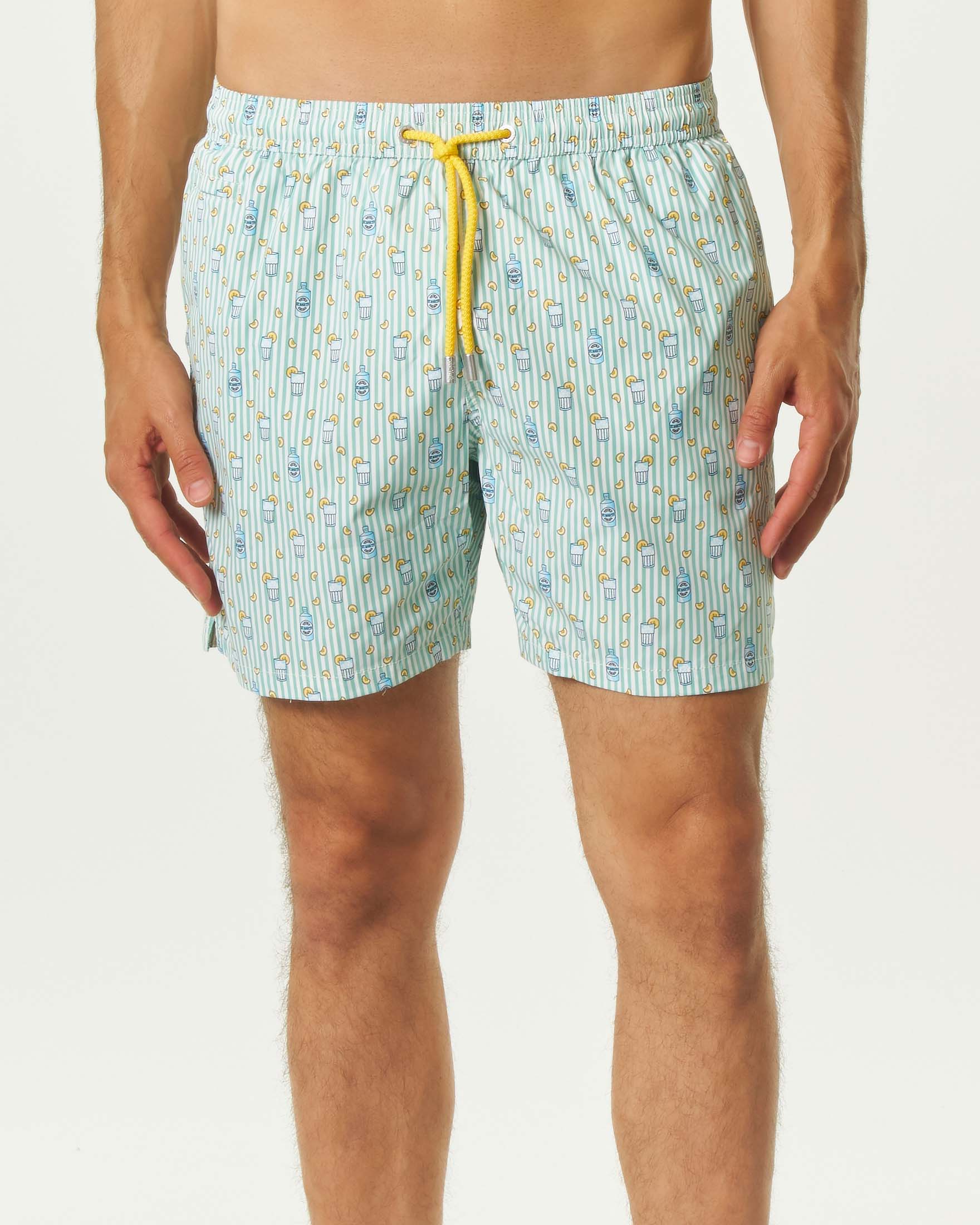 Boxer mare a righe bianche e salvia con stampa gin lemon