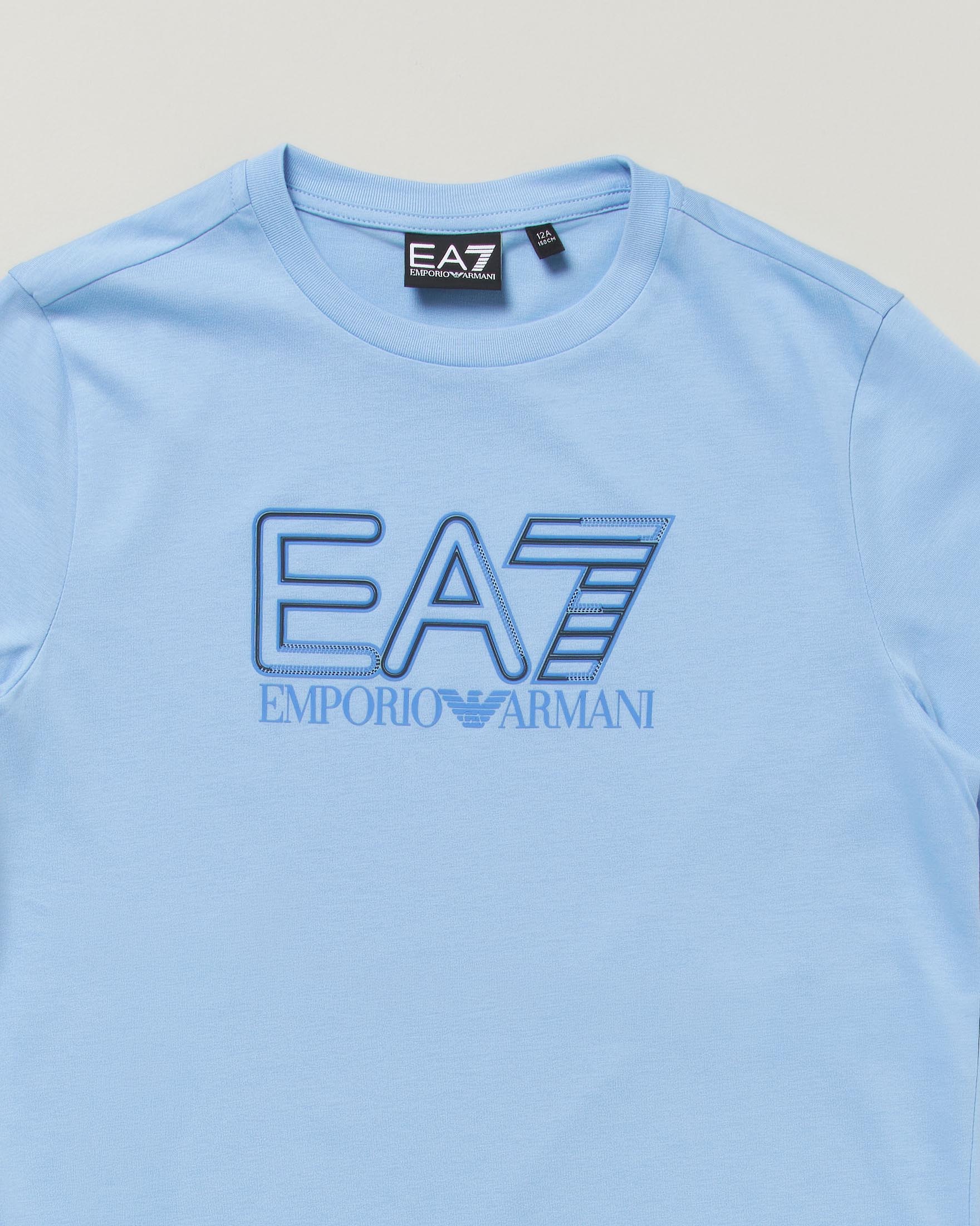 T-shirt EA7 Junior celeste mezza manica in puro cotone con maxi logo bianco image