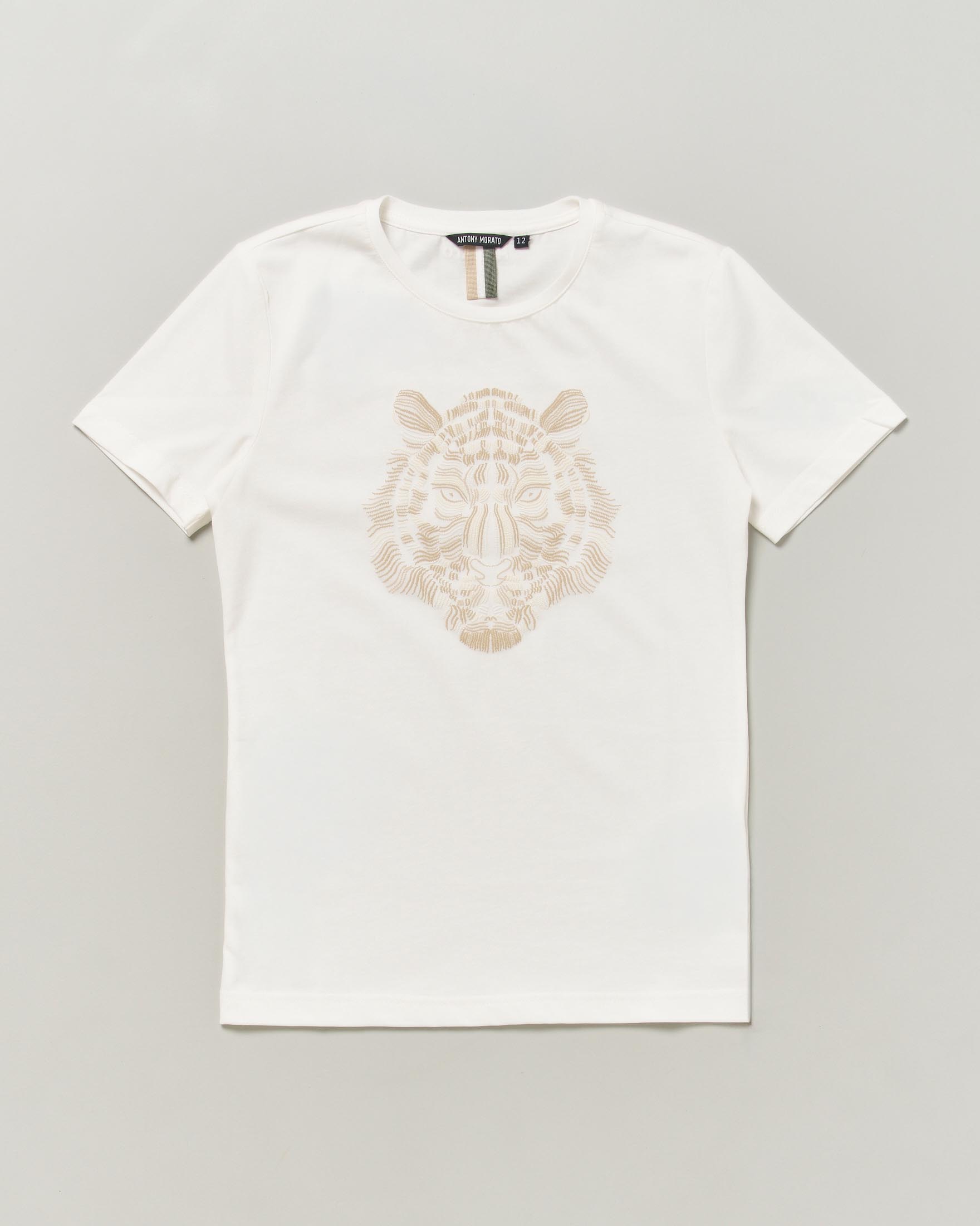 T-shirt avorio in puro cotone a maniche corte con stampa tigre
