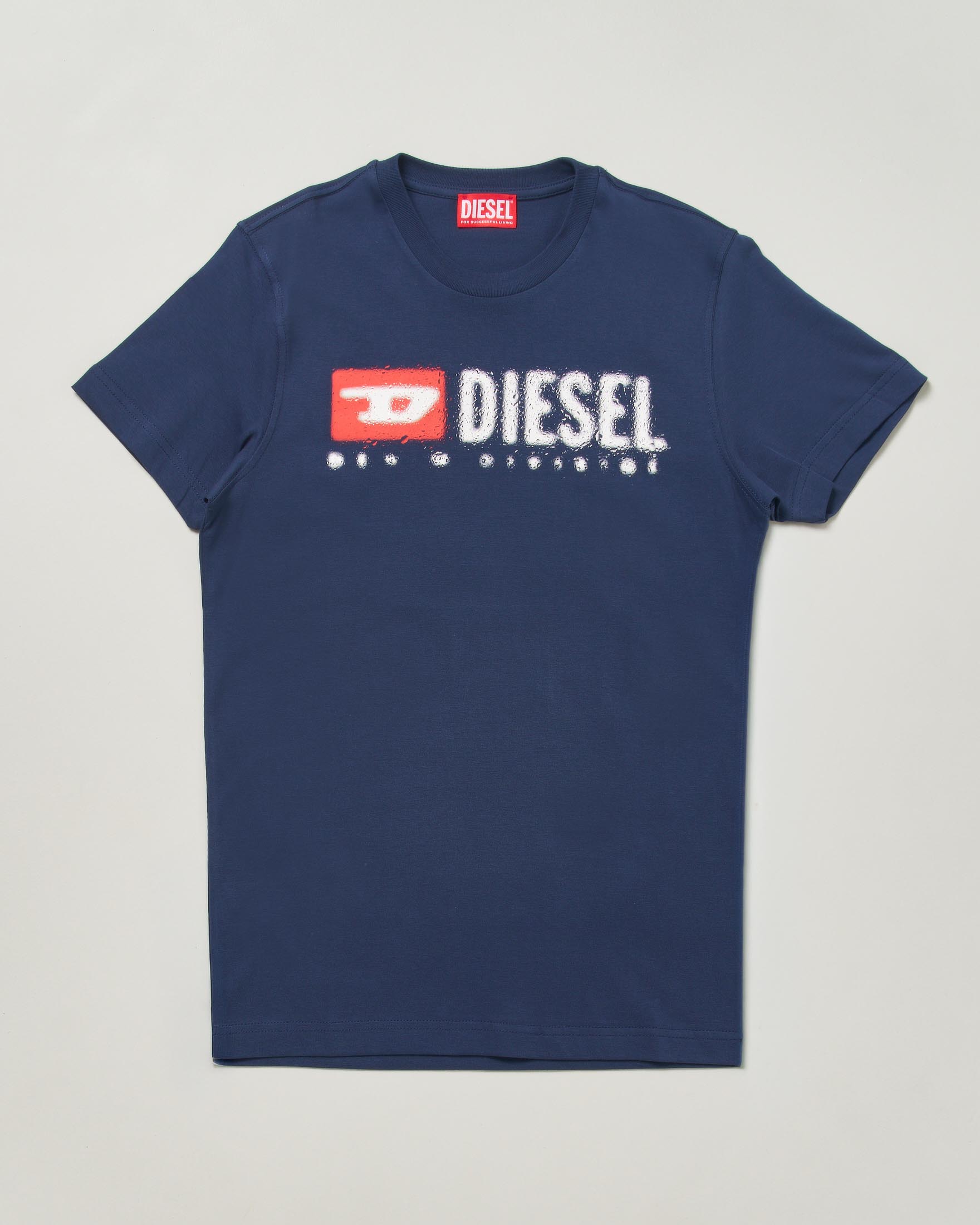 T-shirt Diesel blu mezza manica in cotone con logo pioggia