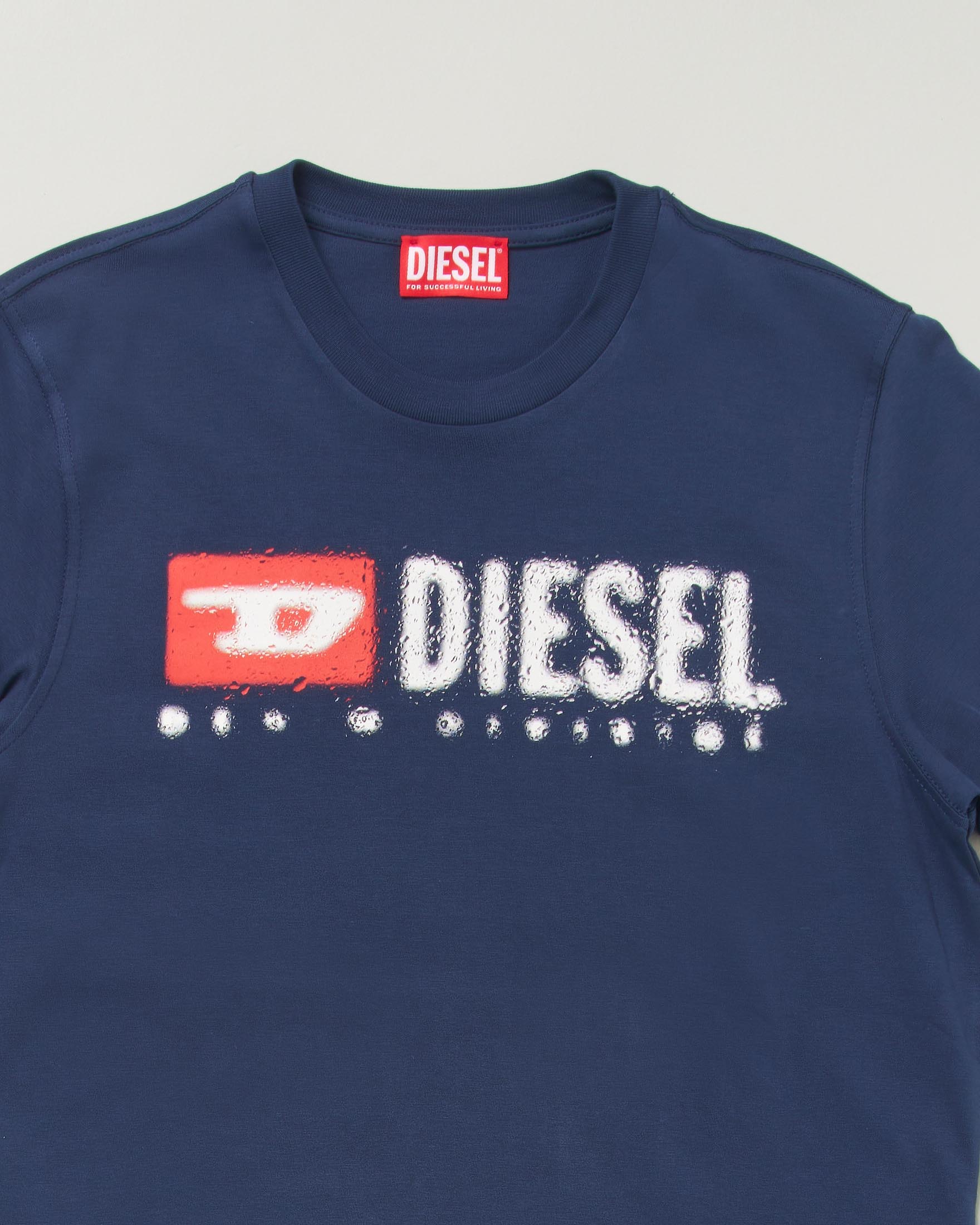 T-shirt Diesel blu mezza manica in cotone con logo pioggia image