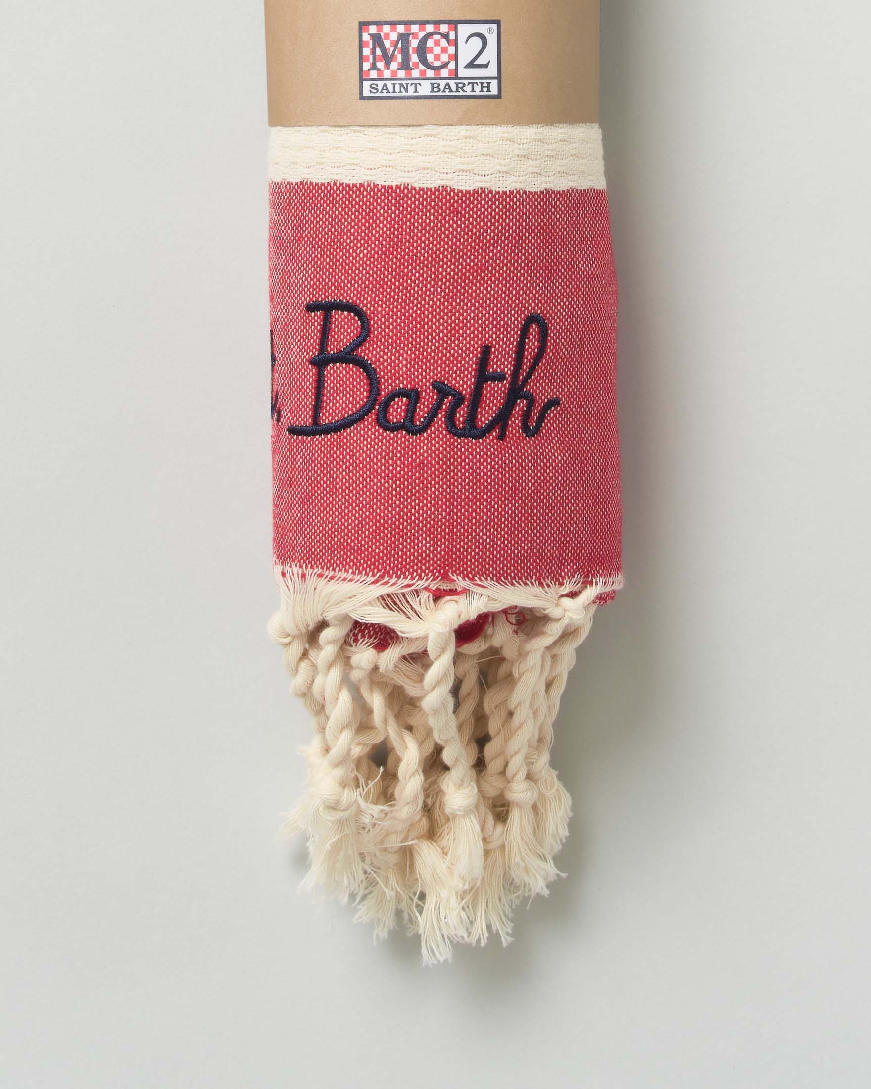 Telo mare MC2 Saint Barth in cotone a righe rosse e panna con frange e scritta logo ricamata image
