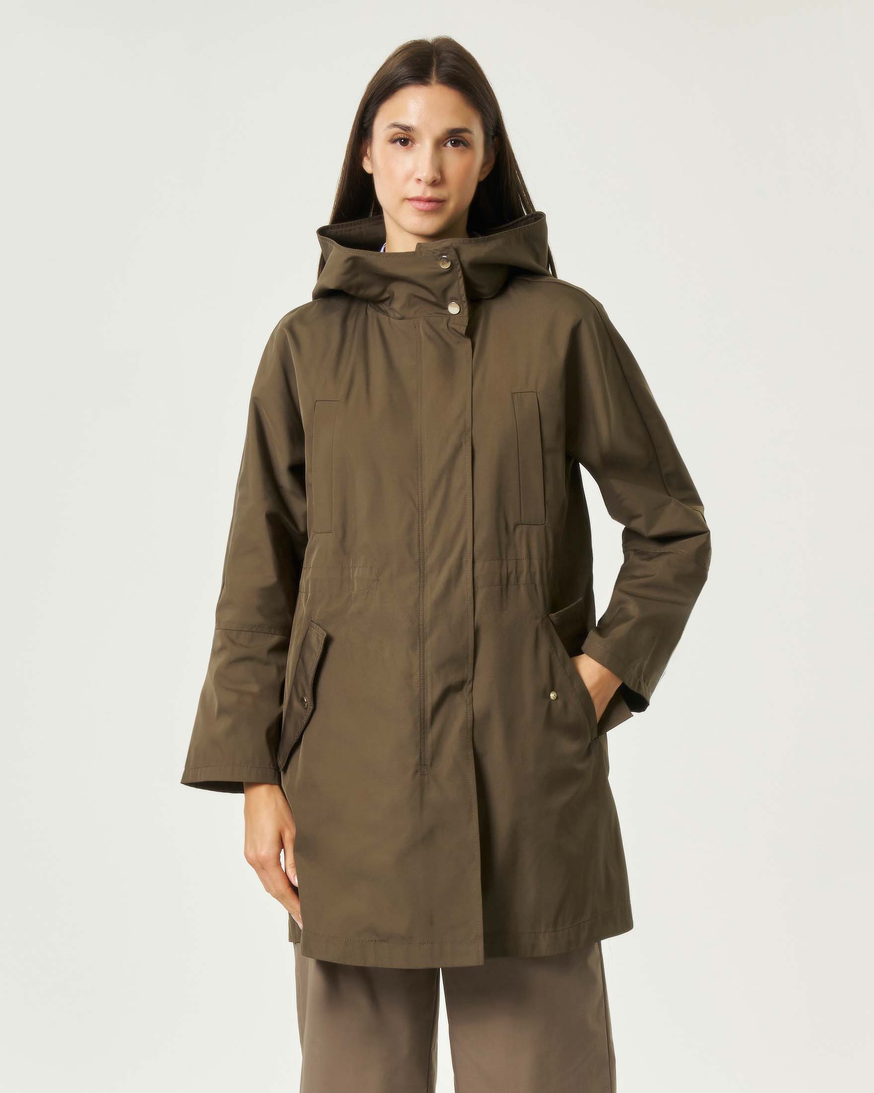 Parka corto Emme Marella marrone in twill tecnico antigoccia con cappuccio e coulisse in vita
